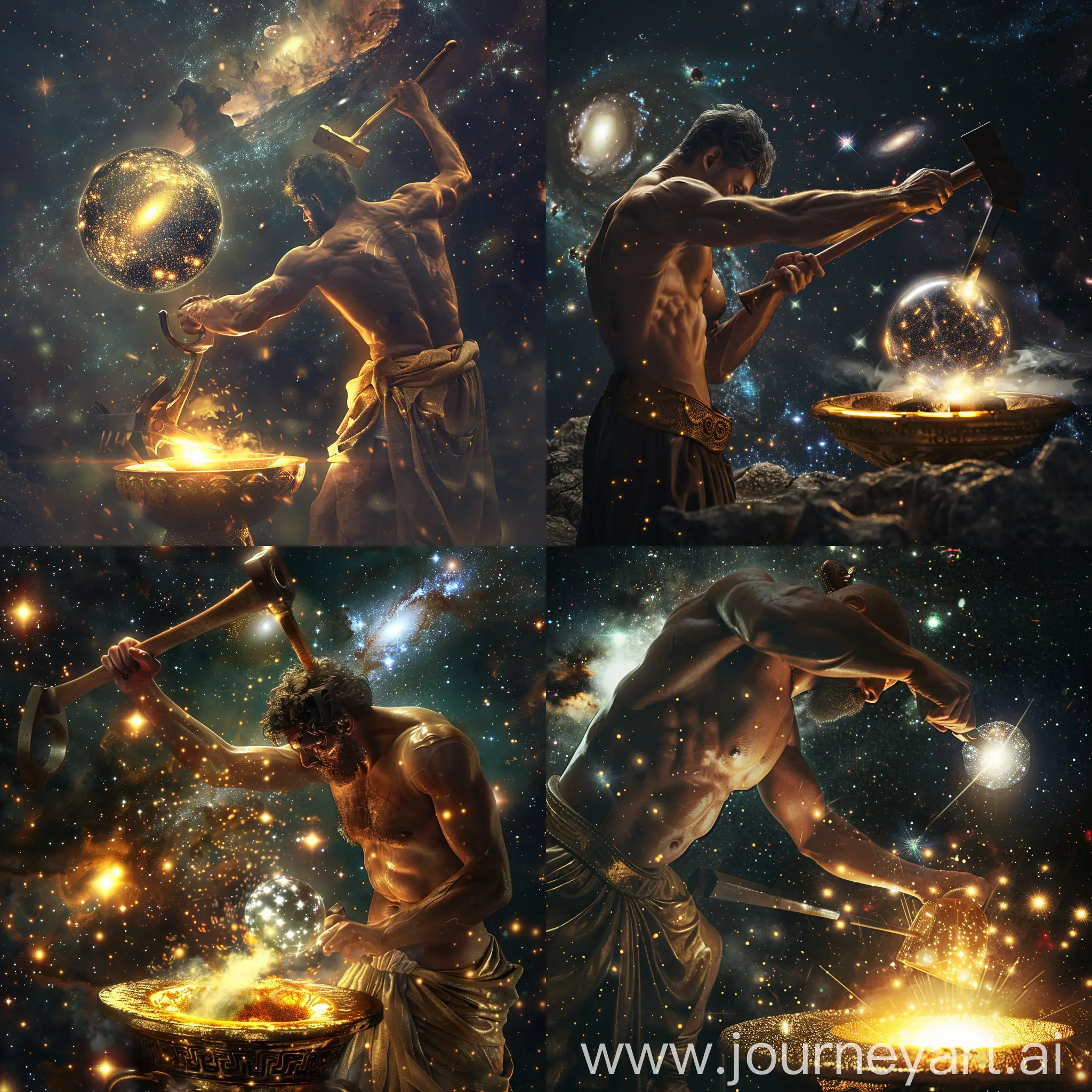 an antient greek blacksmith with uncovered torso hits a golden glowing forge with shining galaxy sphere with a hammer far away, deep space on background with bright galaxies and a nebula, realistic, hi resolution, cinematic --ar 16:10