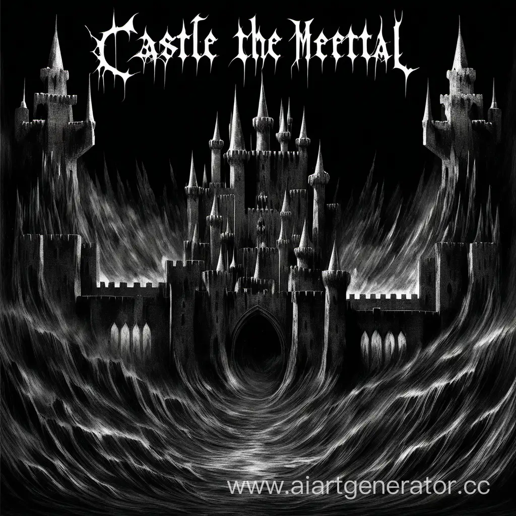 album cover in the style of black metal, castle, dark, black and white