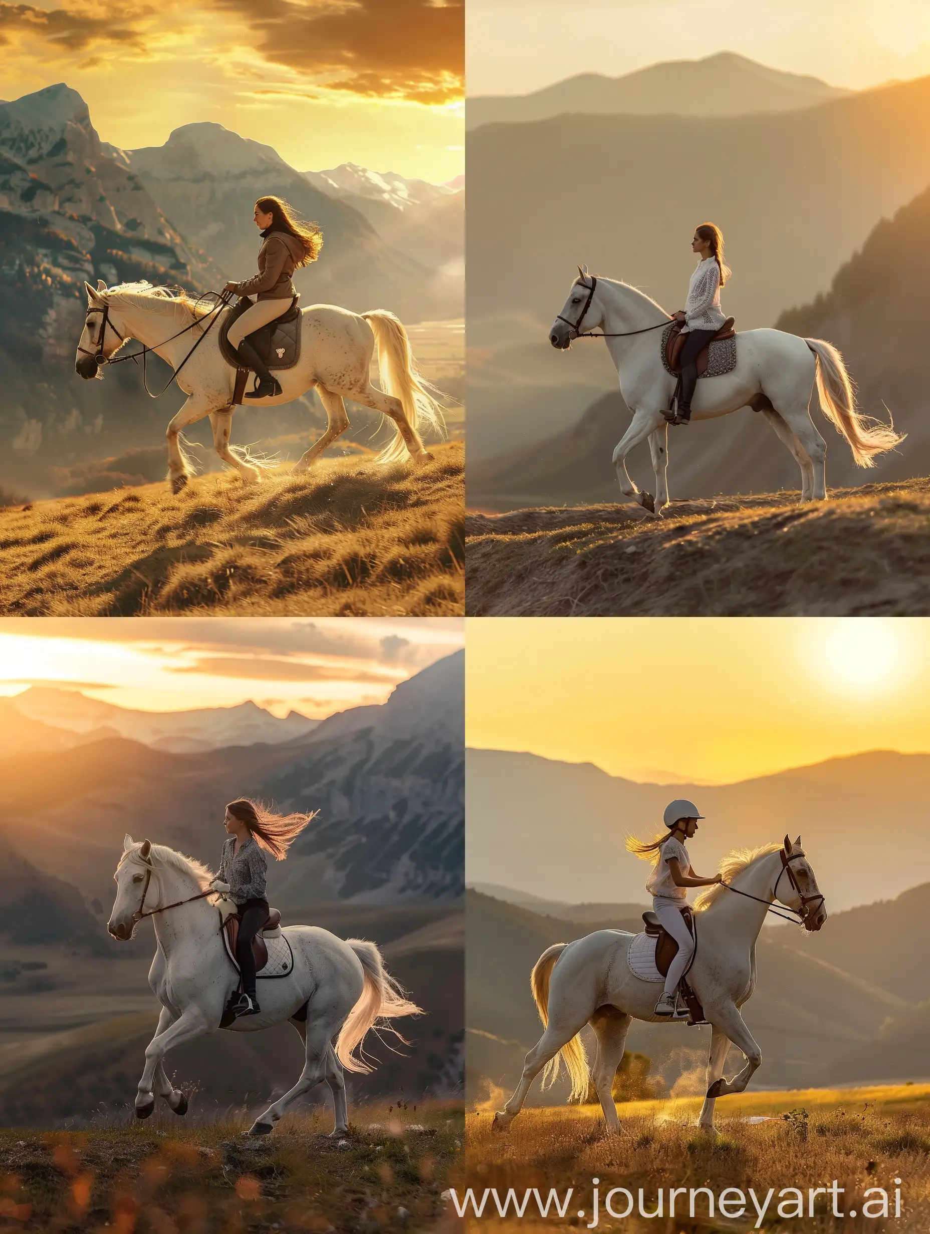 Girl riding white horse, mountains on background, gold hour sunset