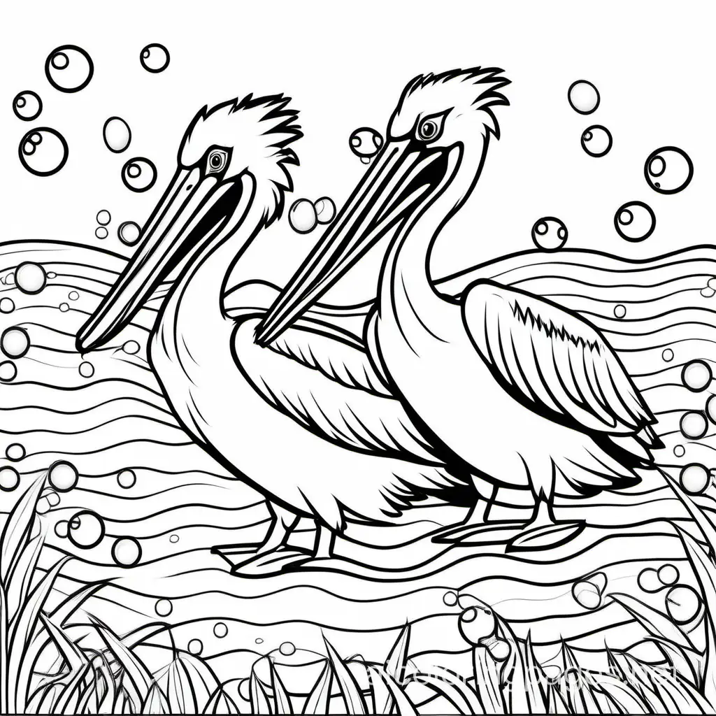 Bubbles for field day Pelicans added, Coloring Page, black and white, line art, white background, Simplicity, Ample White Space. The background of the coloring page is plain white to make it easy for young children to color within the lines. The outlines of all the subjects are easy to distinguish, making it simple for kids to color without too much difficulty