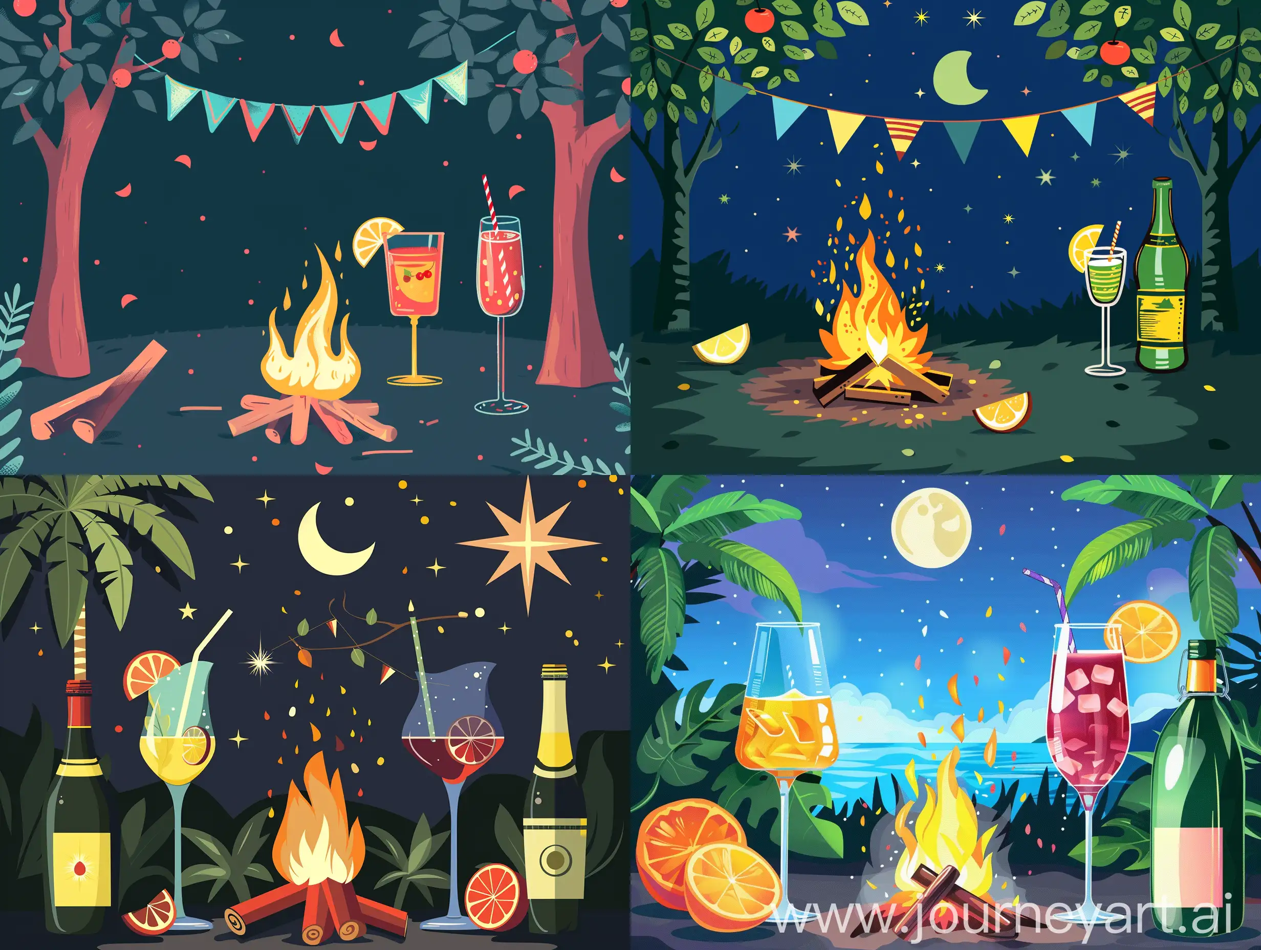 Lively-Campfire-Party-with-Vibrant-Drinks-Vector-Illustration