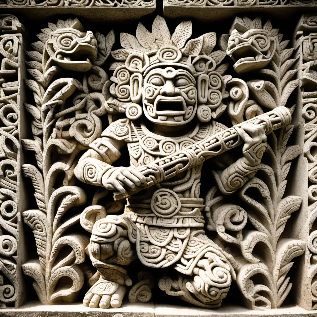 a stone carving coverd in jungle vines of the mayan god of the wind Huracan playing the flute 
