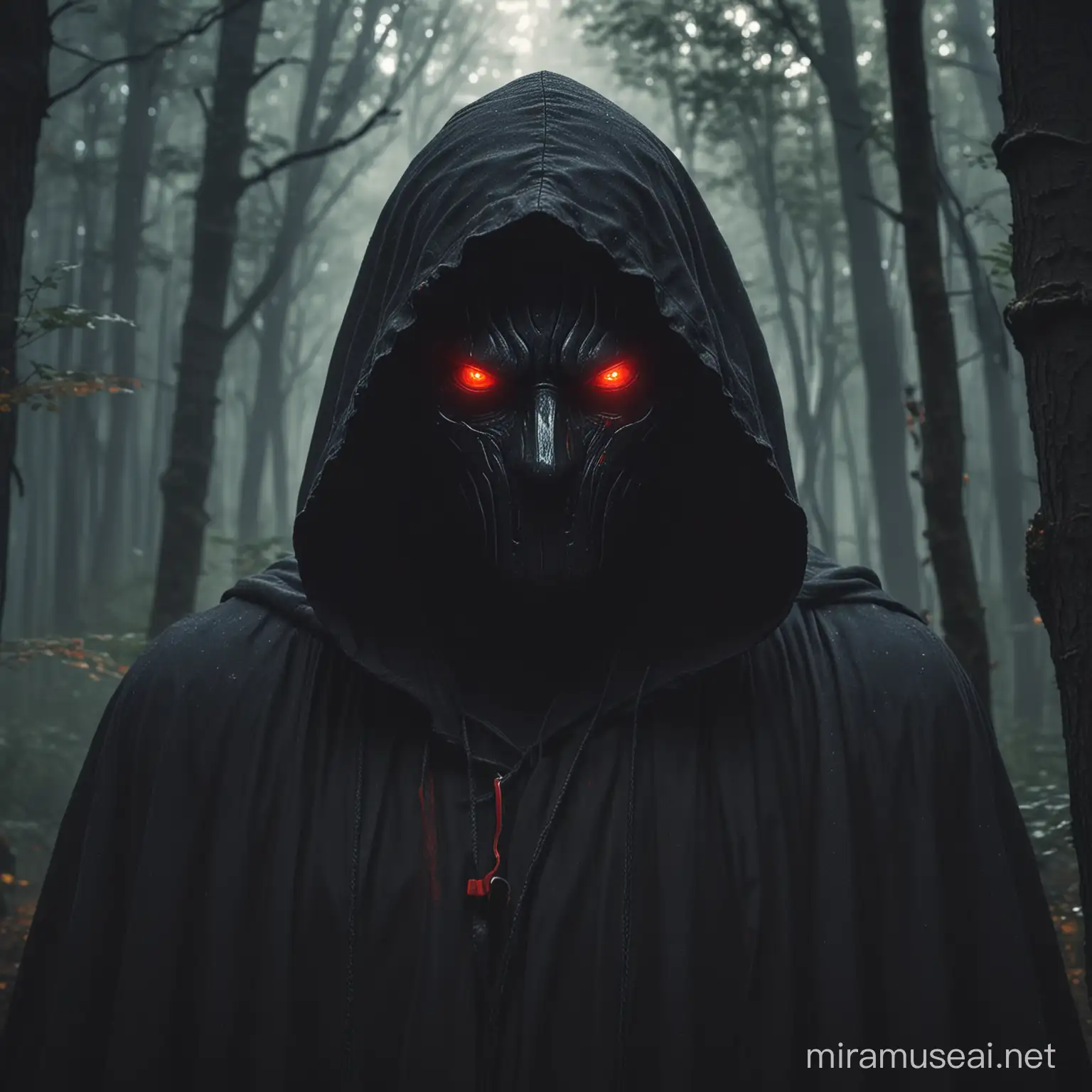 Mysterious Hooded Figure with Glowing Eyes in Enchanted Forest