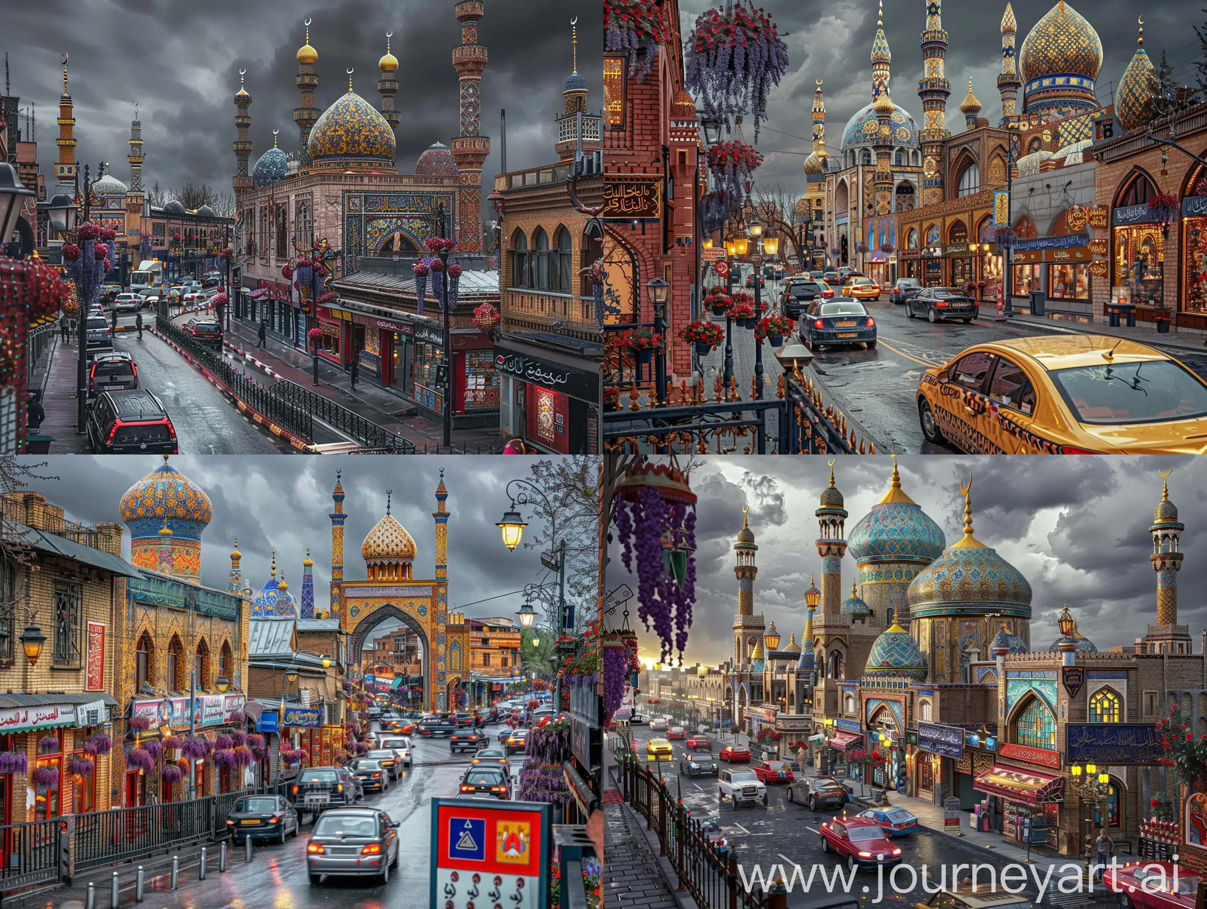 photograph, all buildings and mosques are Timurid marbled brick having golden red blue Persian tilework design, traffic on a France like street having shops and stores at bottom of buildings, islamic style fence on sidewalk, few islamic ornamented lamp lights, direction signboards, lavender red hanging flowers, dark grey sky