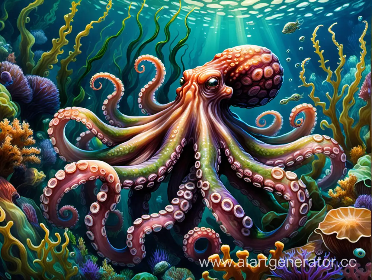 the painting is painted in oil, a thoughtful octopus, a close-up of an octopus among underwater beautiful algae, colorful, the first page of the art station, the image on the avatar, the artist used bright classic children's illustrations, a depth map, a full-color airbrushed stylized painting made in povrayr