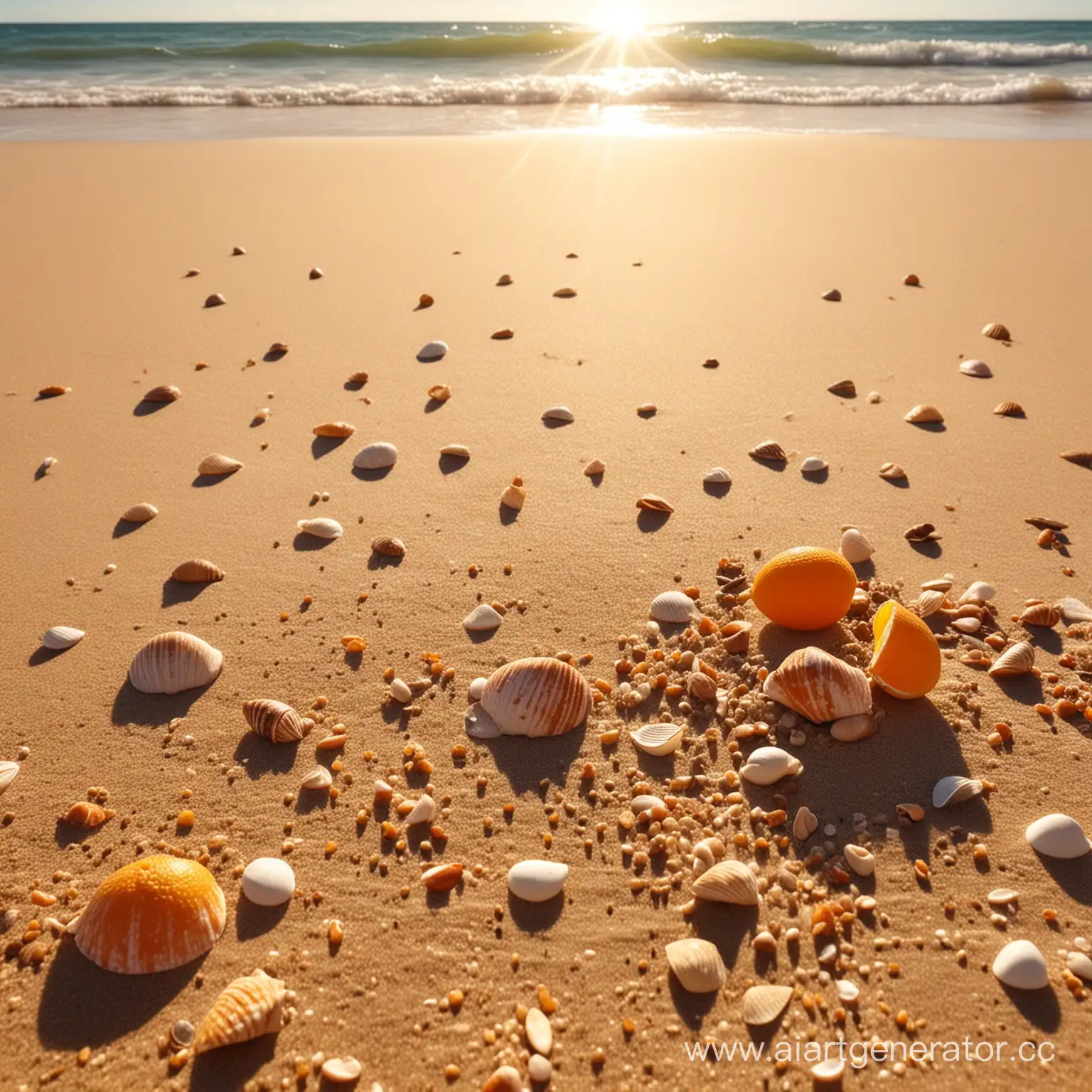 оранжевый песок ,пляж, ракушки, море искрится вдалеке, яркий солнечный свет, апельсины летают в воздухе
