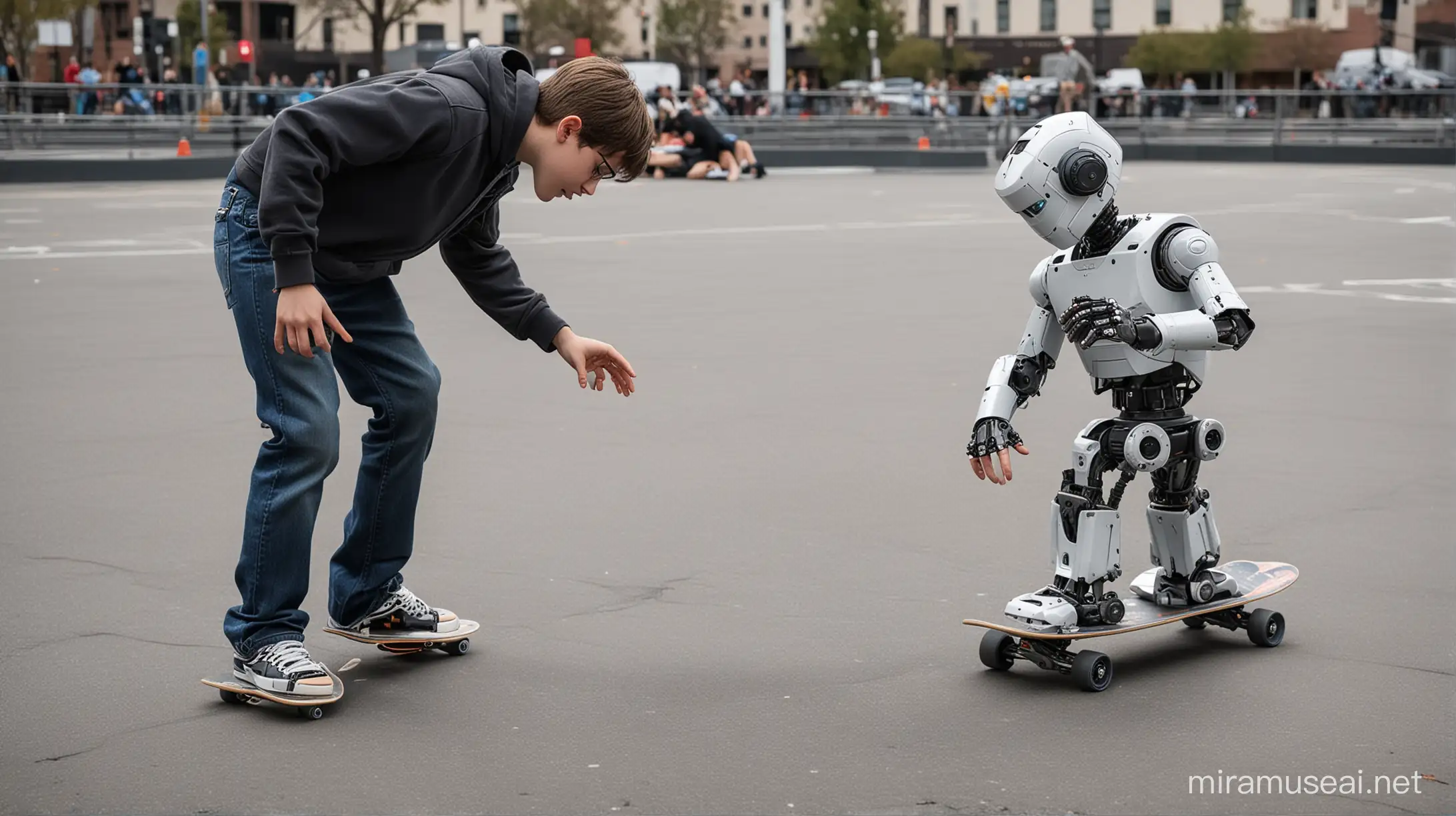 A kid Teaching a robot how to skateboard