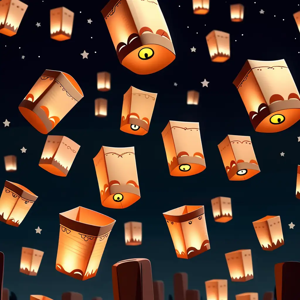 cartoon-style luminarias floating in the sky at night no faces