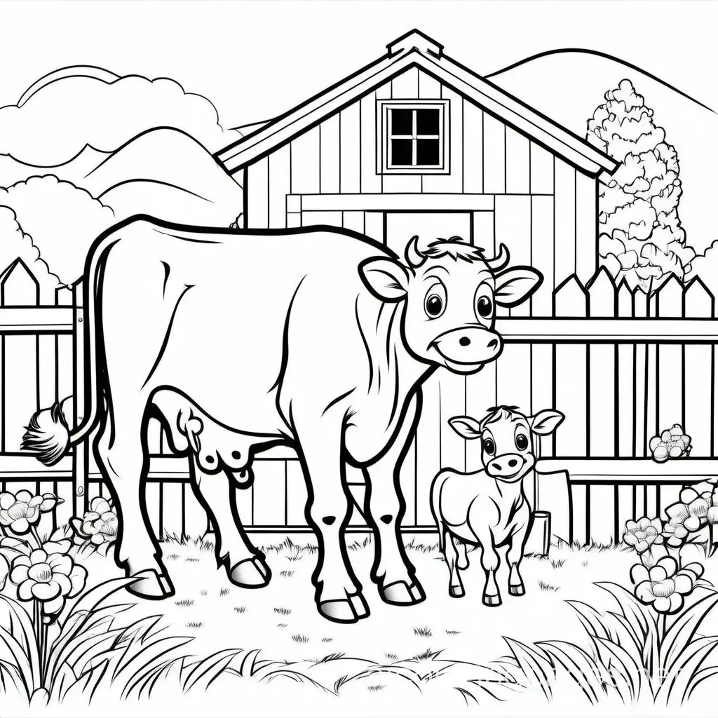 cute happy cow with kid  in farmhouse, Coloring Page, black and white, line art, white background, Simplicity, Ample White Space. The background of the coloring page is plain white to make it easy for young children to color within the lines. The outlines of all the subjects are easy to distinguish, making it simple for kids to color without too much difficulty