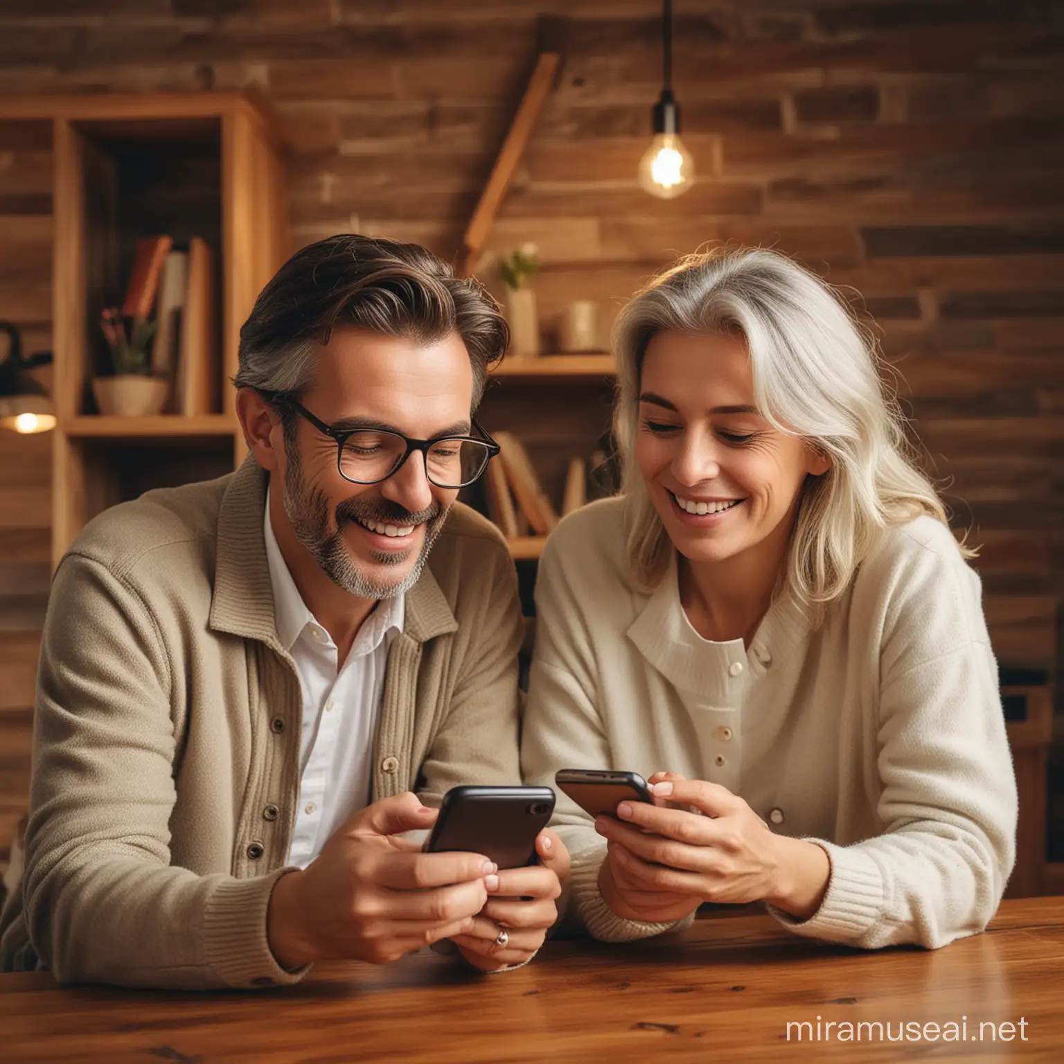 Two ederly adults having fun while learning using Smartphone, Background cosy woody home