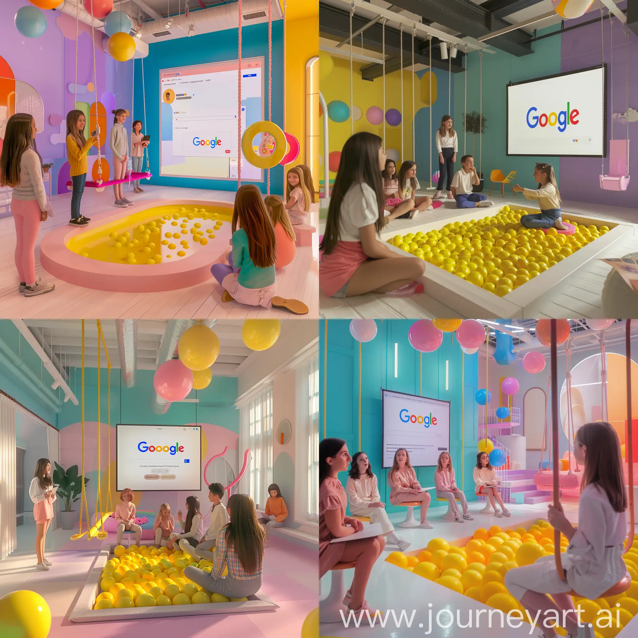 a meeting in a colourful room (google style, with a pool of yellow balls, a pink swing...). There are 4 girls and 2 boys in the meeting. They are about to start a simulation of a new website platform. One of the girls is presenting the simulation, the others are sitting and learning from her.