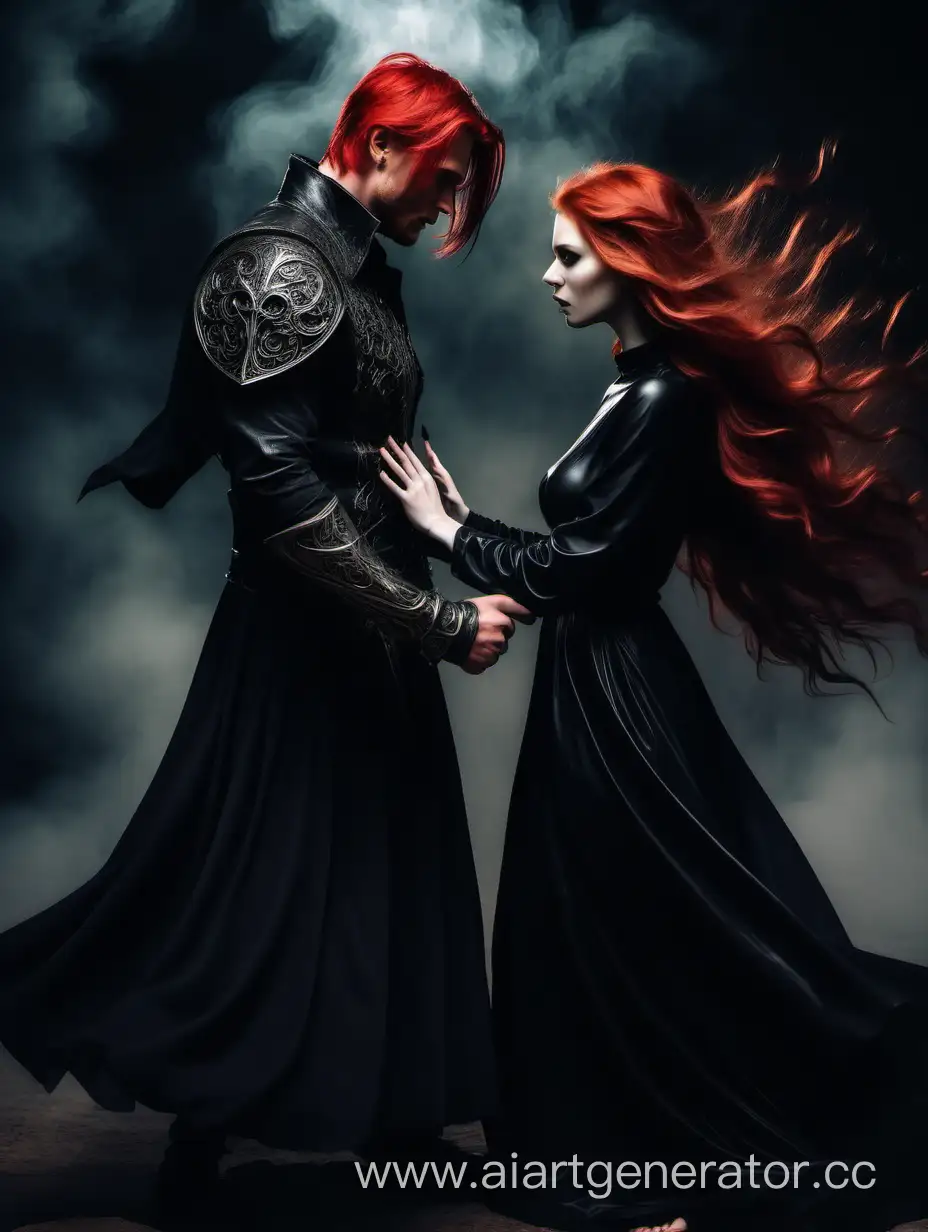 Красноволосая девушка и мужчина сражаются боги влечение, тьма, притяжение, магия, чёрная одежда

