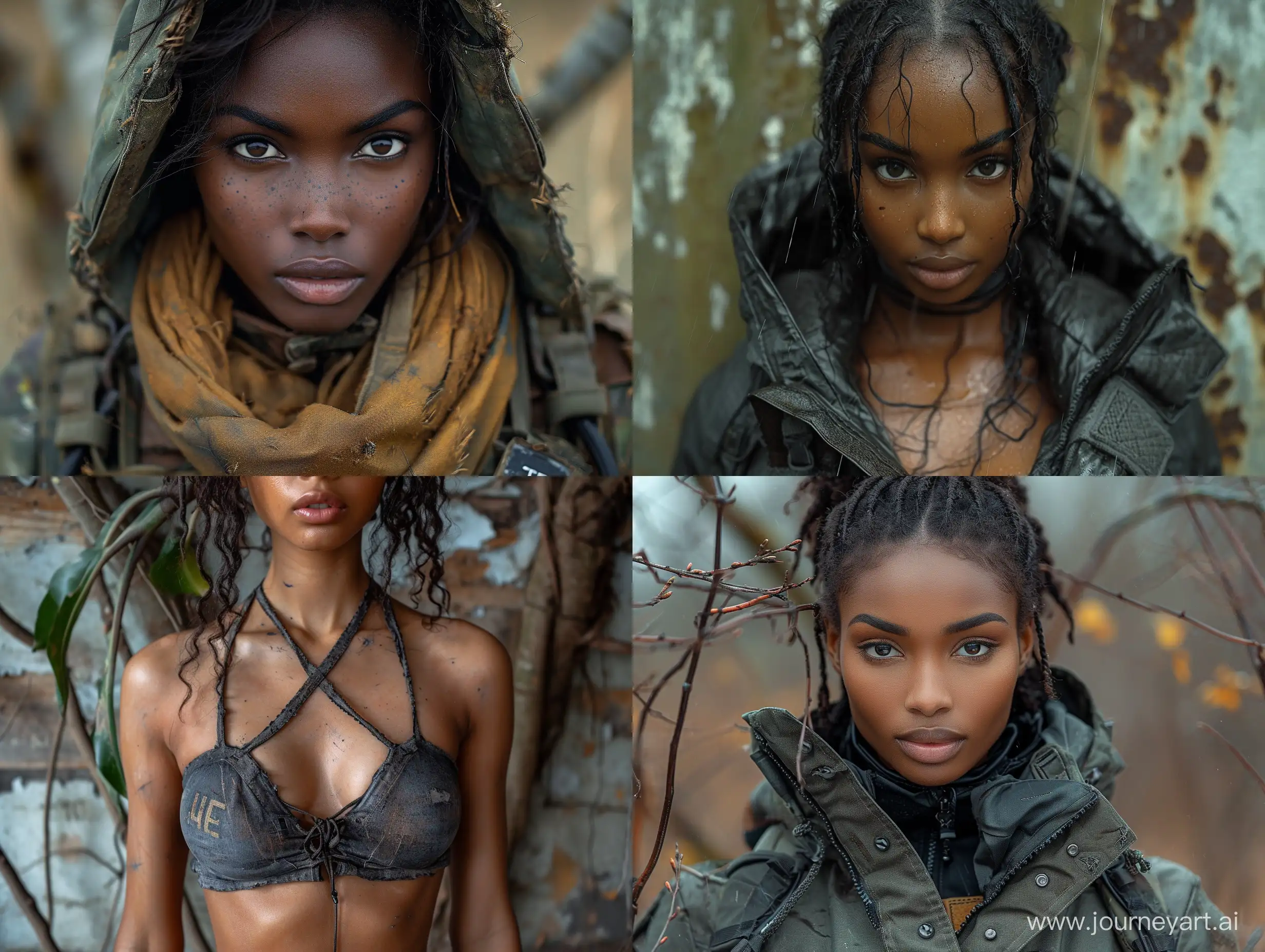 Hyper realistic photo of beautiful dark skinned female in S.T.A.L.K.E.R dark tactical equipment dead trees opened neckline --s 999  --style raw --v 6