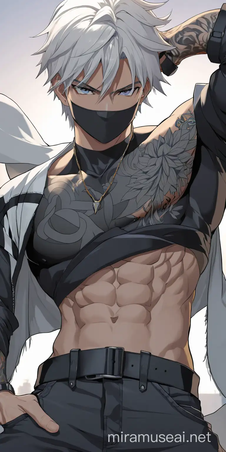 Muscular Anime Manga Boy in Sexy Pose with White Hair and Tattoos