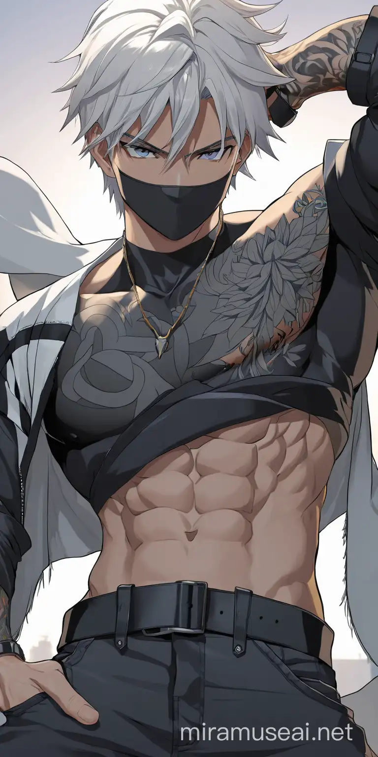 anime manga boy cheveux blanc mi-long, imberbe, crop top, un peu musclé, tatoué, dans une pose sexy et viril