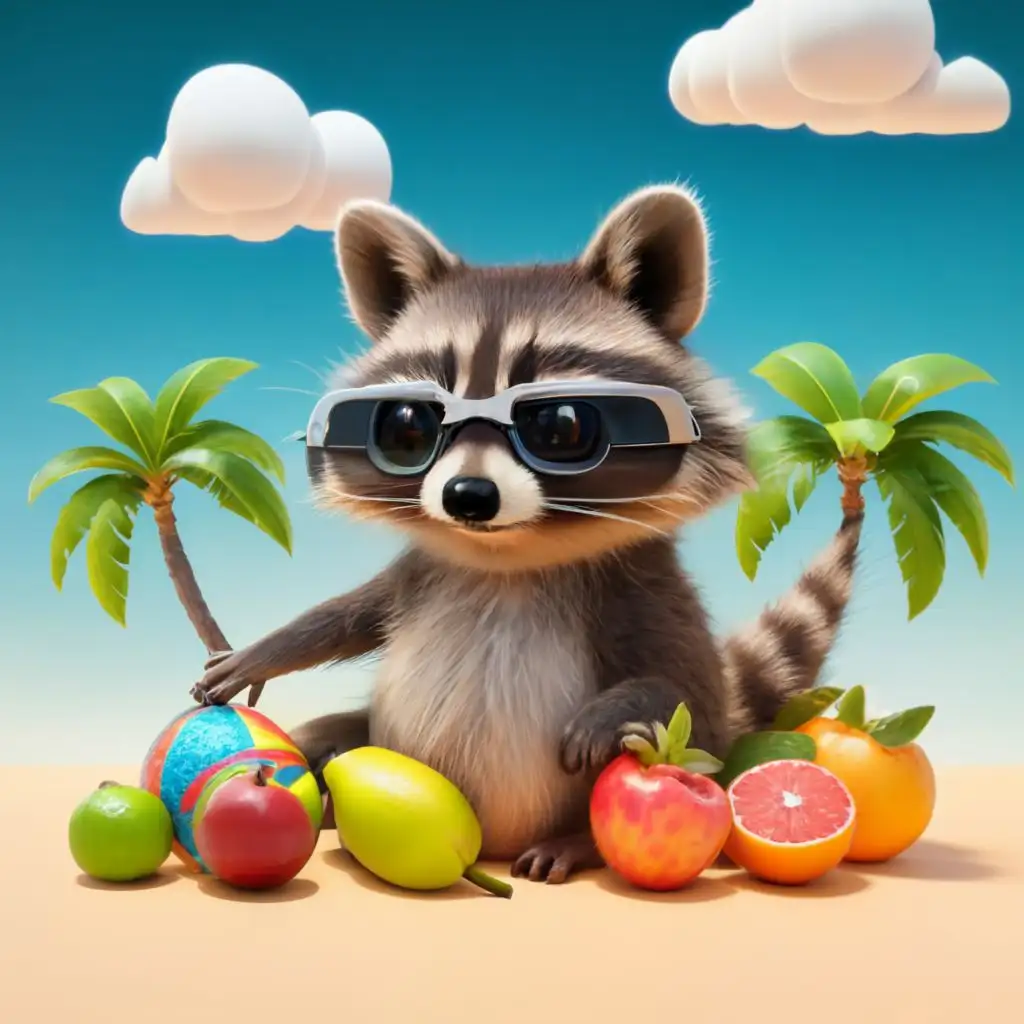 a logo design,with the text "Tropicoso", main symbol:Raccoon with glasses, tropical background, surrealism, pink, 3D animation,Moderate,clear background