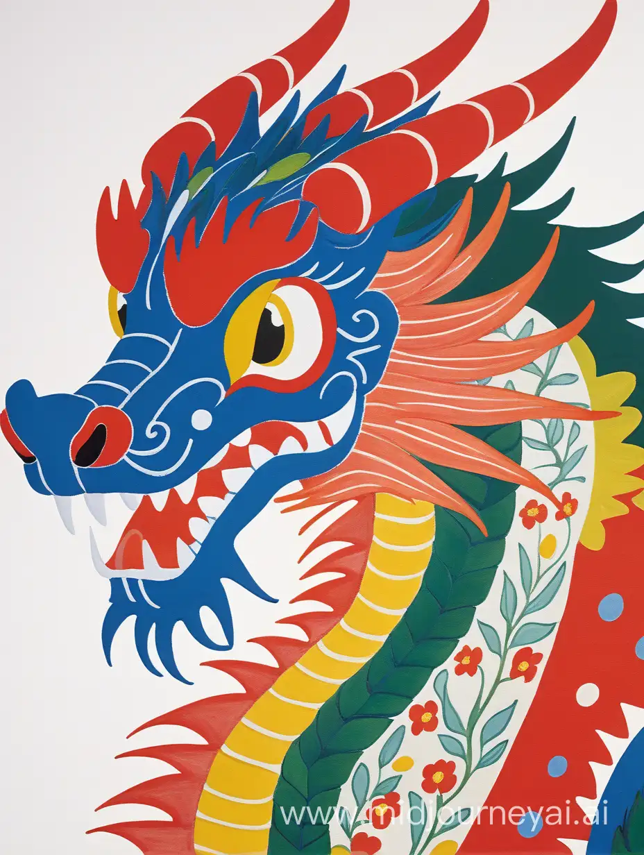 A Chinese dragon painted by Maud Lewis, very cute Chinese dragon, head close-up, abstract, simple lines, illustration, Piccaso, multi-colour, advanced colour matching, white background. 