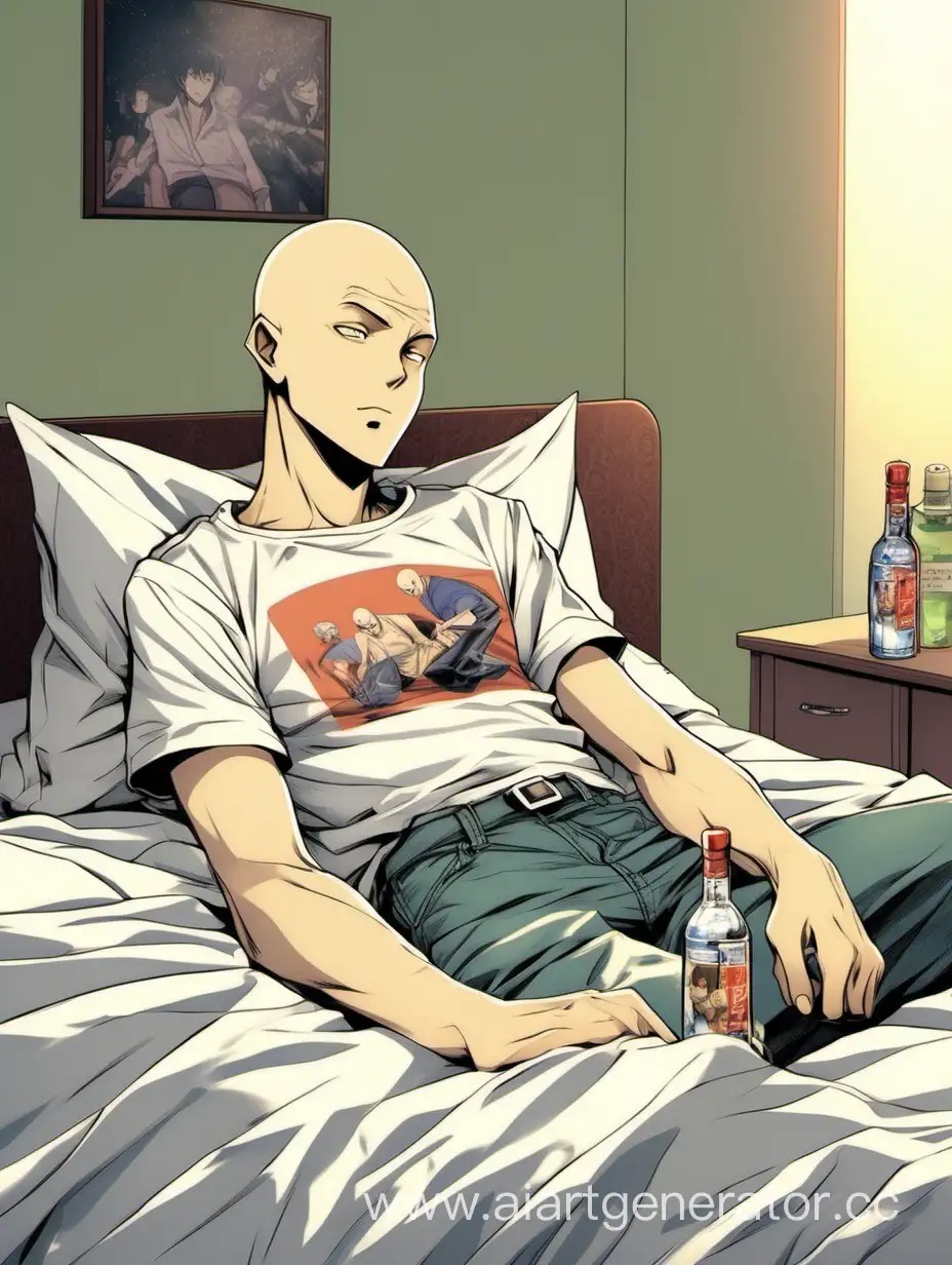парень в стиле аниме 80х с лысой головой овальным лицом маленькими глазами худощавого телосложения в майке и подштанниках лежит на кровати с бутылкой водки 