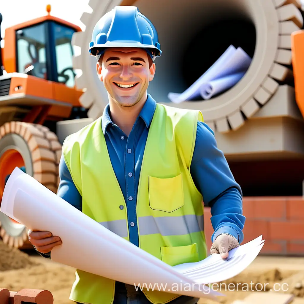 радостный строитель с бумагами в руках который смотрит назад  на технику и строительство
