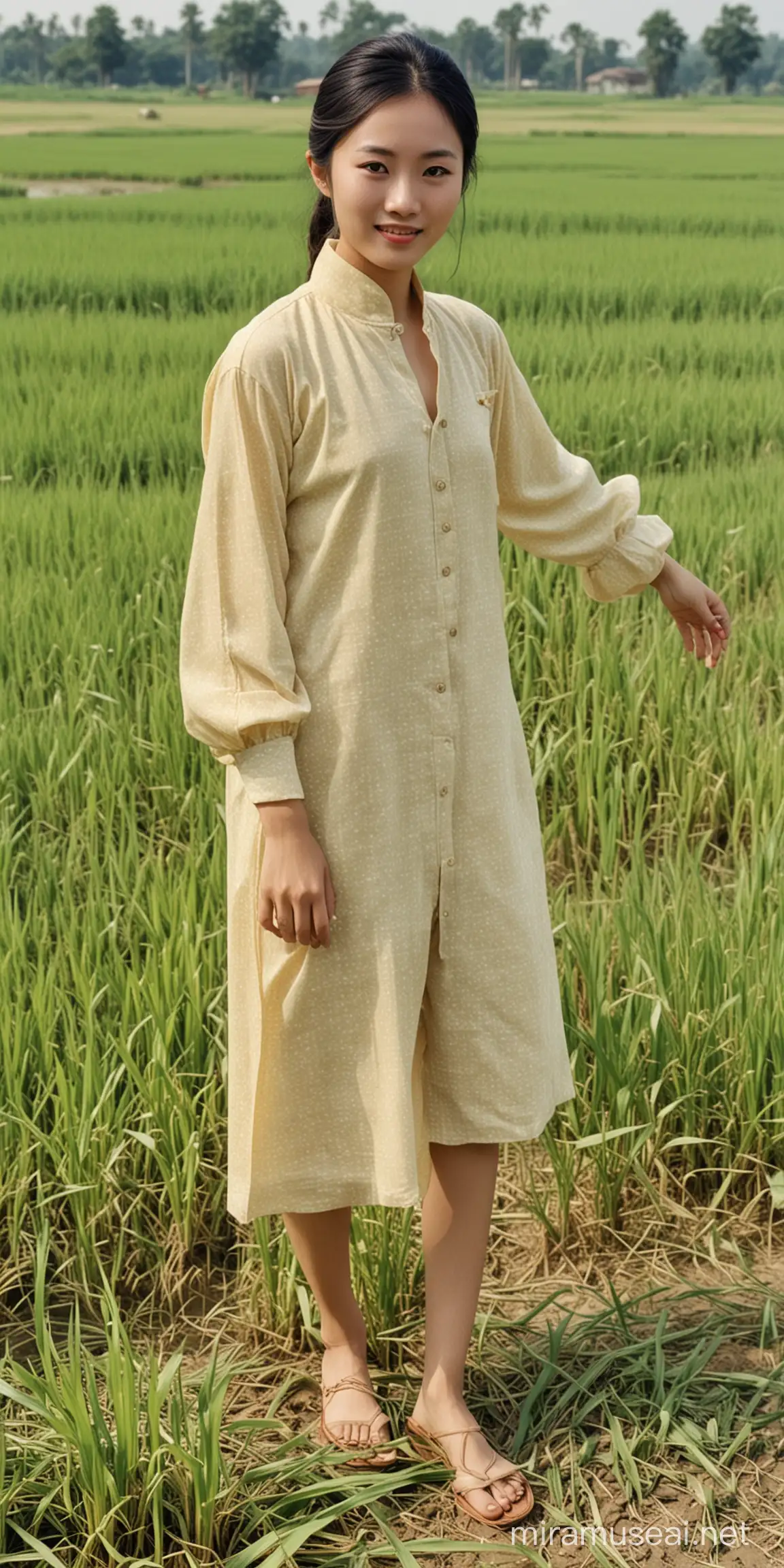 一张老照片，70年代，22岁林青霞穿着70年代风格的衣服，在农村的稻田里，稻田有很多的稻谷。