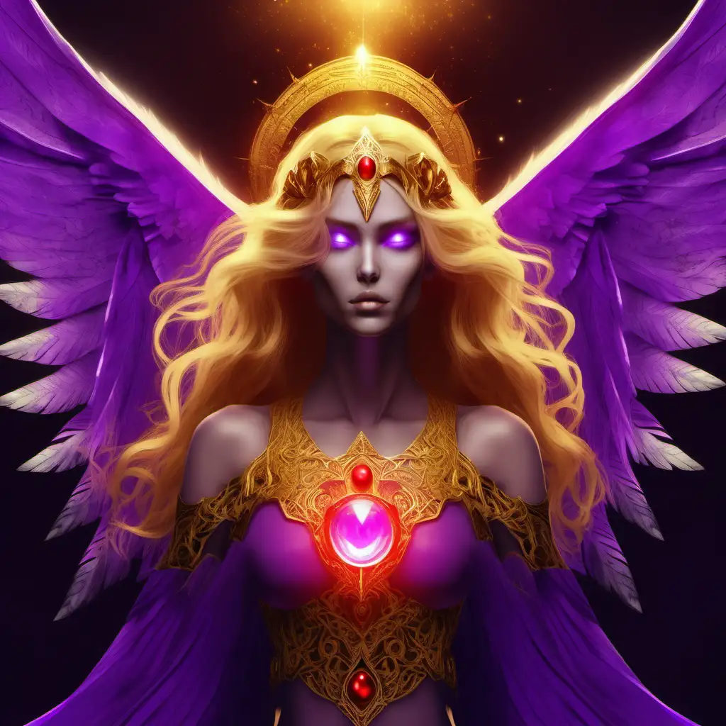 женщина с крыльями фиолетового цвета с золотыми волосами и красным свитящим камнем в ее  груди , золотое украшенние на лбу 