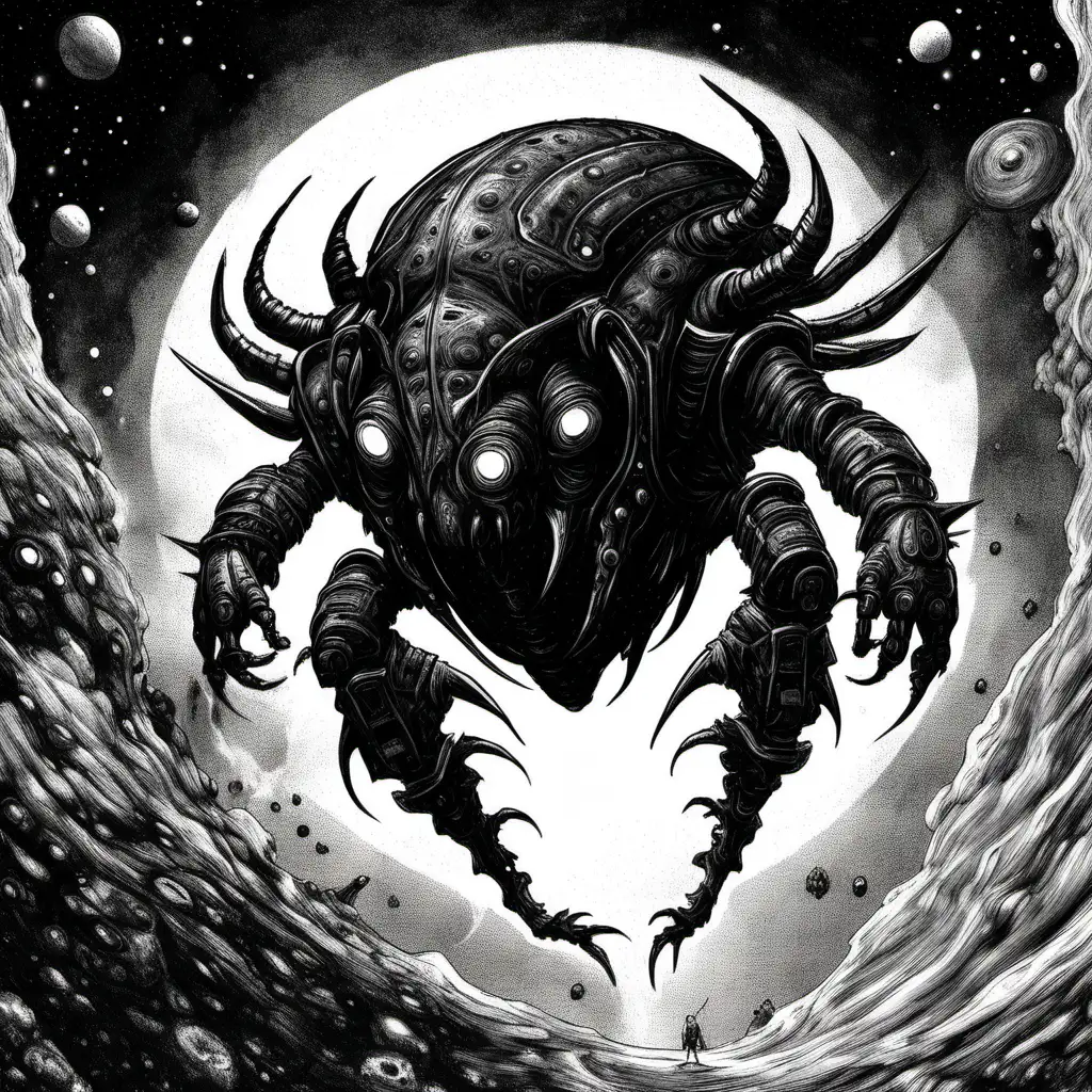 Krom, the dark beetle, giant monster, traversing dark space in a spaceship