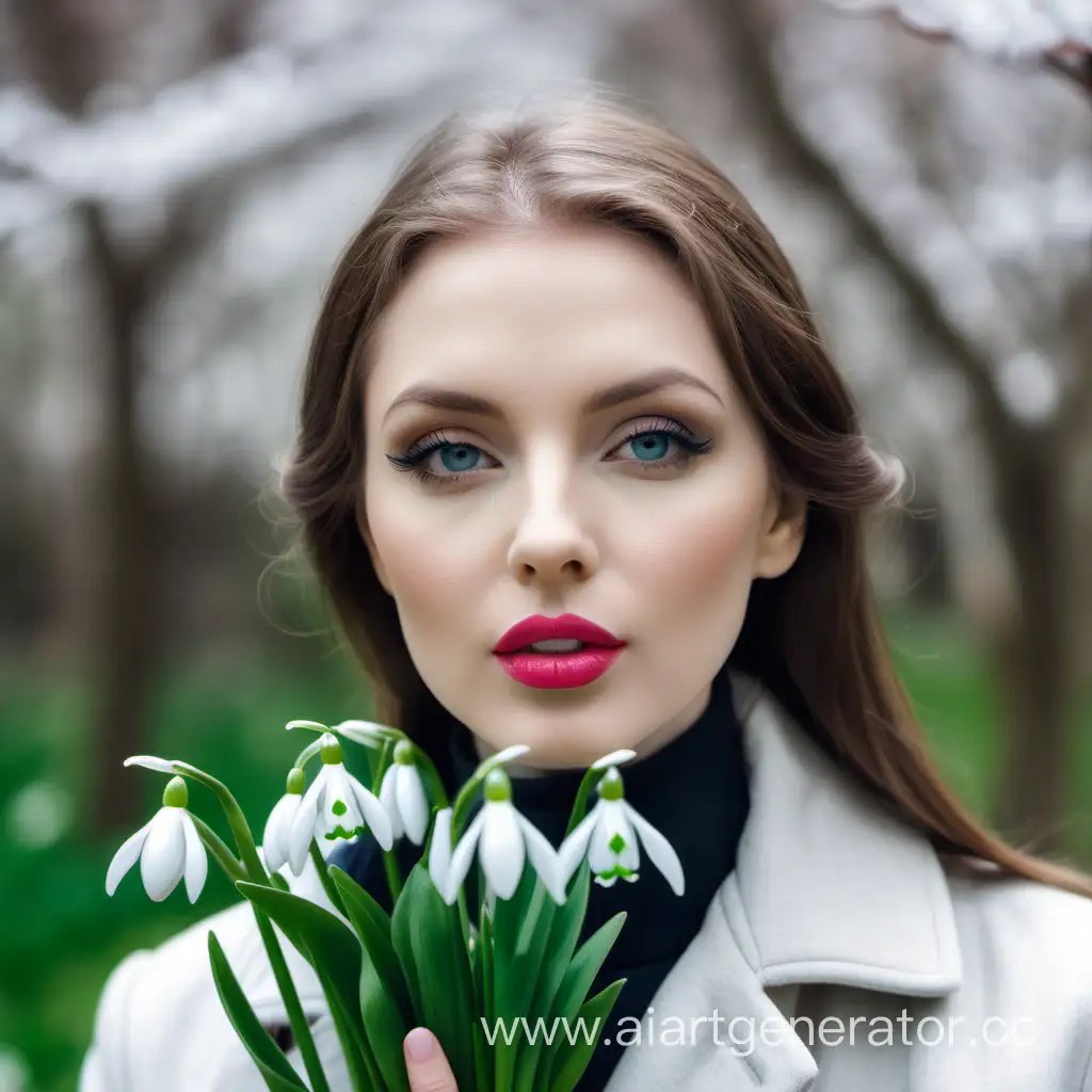 портрет красивой  женщины   в пальто весеннем саду в руках цветы подснежники с яркими губами  крупным планом