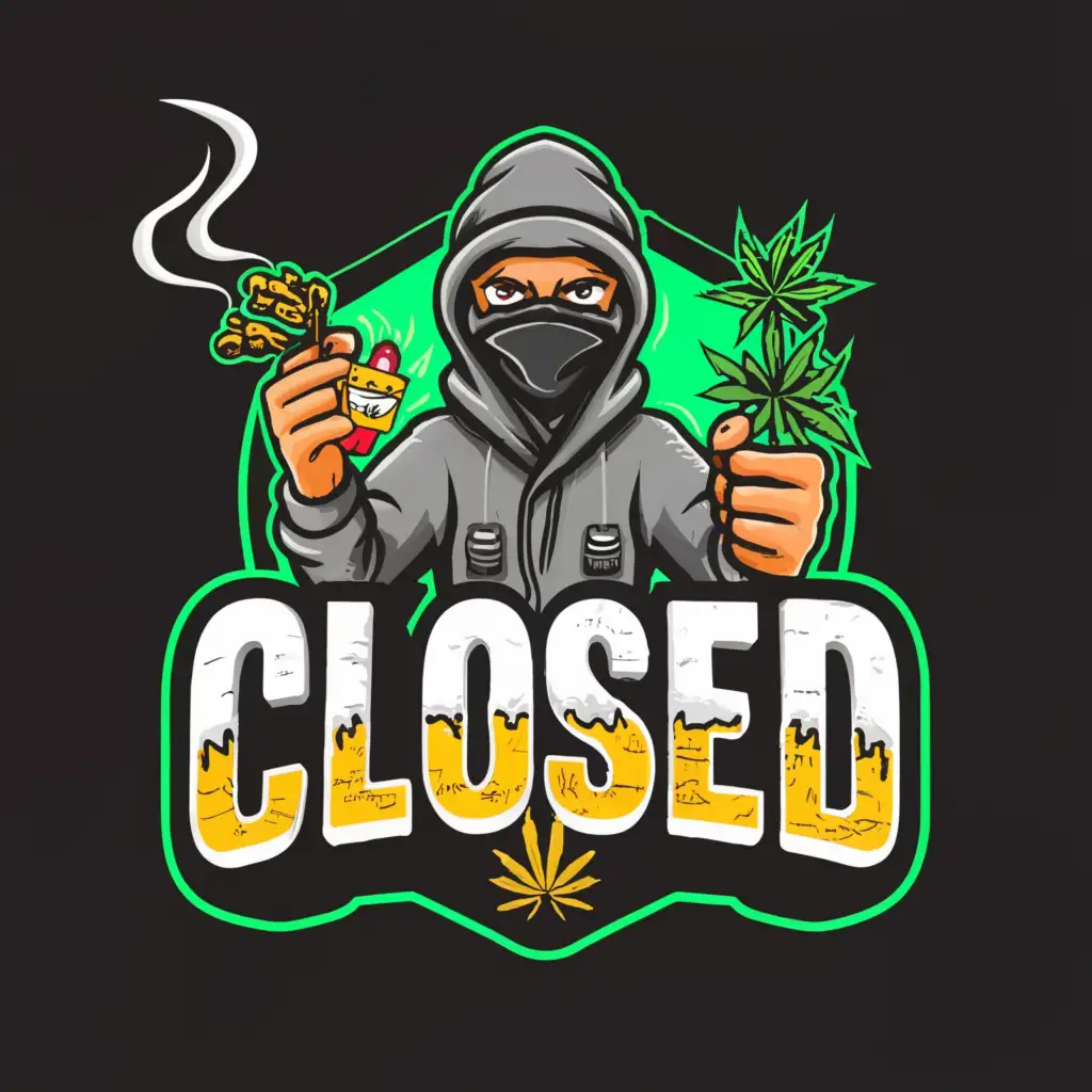 a logo design,with the text "Closed", main symbol:A highly detailed weed inspired background with a cartoon character wearing a balaclava holding a bag of weed and a joint,complex,clear background