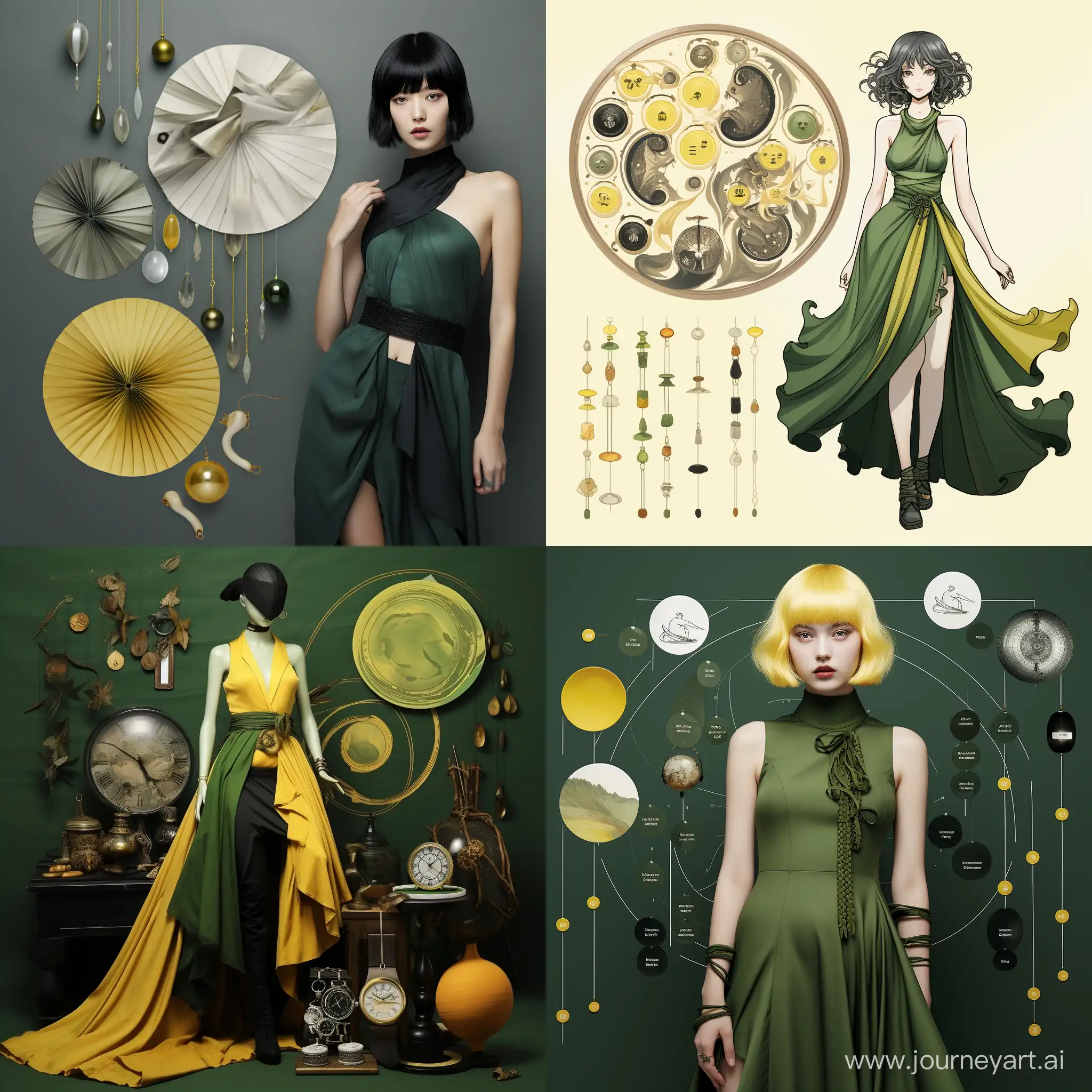 reference sheet with accessories, Yellow-green dress in Yin Yang style, reference sheet with accessories