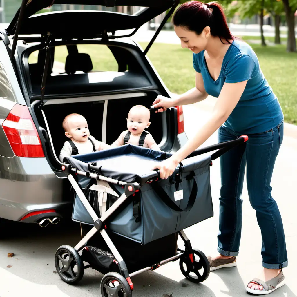 parents using a travelling baby stroller and folding it and place it in the trunk of a car 