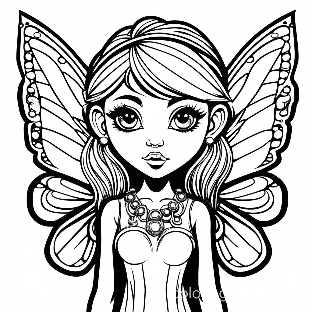detailed punk rock style fairy with big eyes big head and round face. black and white line draw only. no color. put the fairy's wings on her back., Coloring Page, black and white, line art, white background, Simplicity, Ample White Space. The background of the coloring page is plain white to make it easy for young children to color within the lines. The outlines of all the subjects are easy to distinguish, making it simple for kids to color without too much difficulty