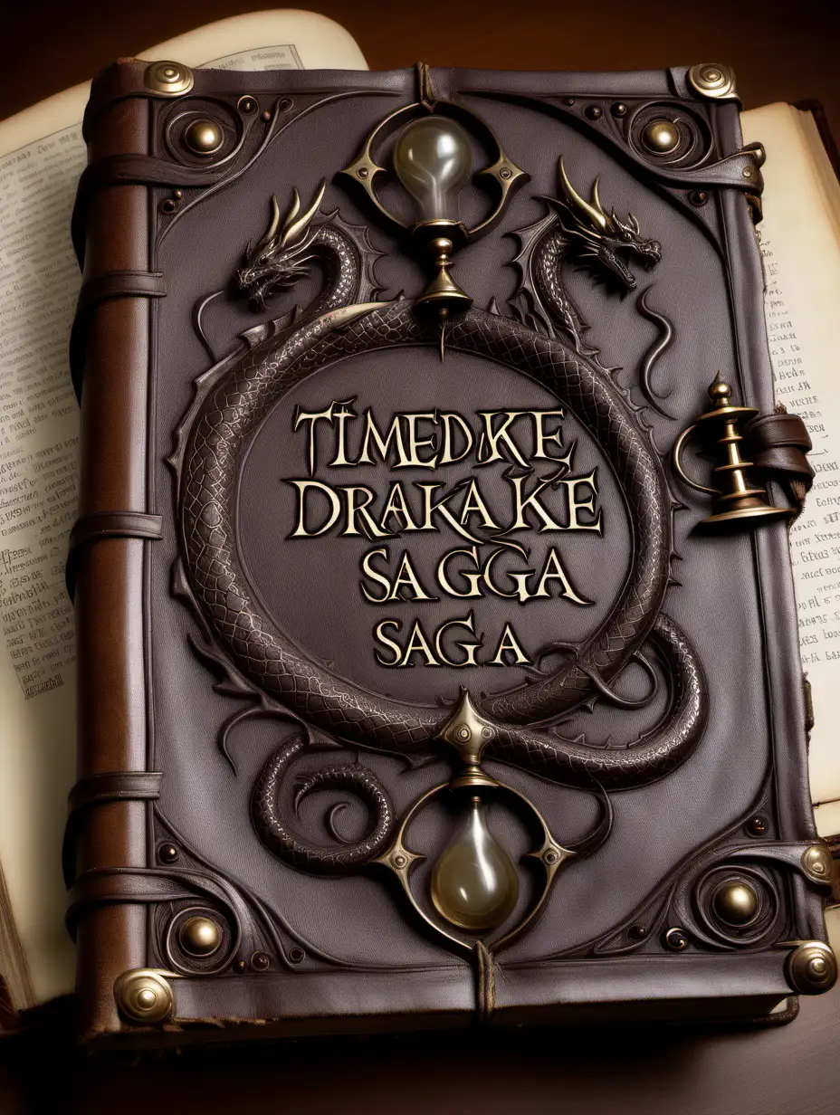 an old leather-bound book embossed with dragons, an hourglass, and the words "TIMEDRAKE SAGA". 