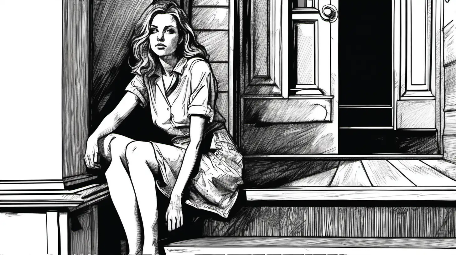 A young woman leaning on the left column while sitting on a porch in a black and white sketch style
