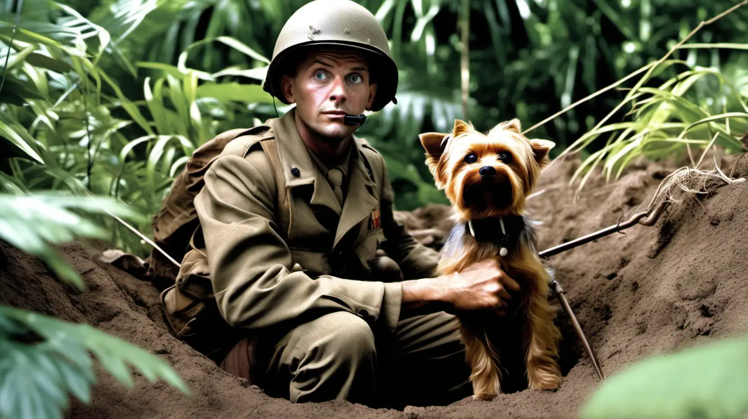 a real life image of an american world war two soldier in the jungle who finds a yorkshire terrior in a foxhole