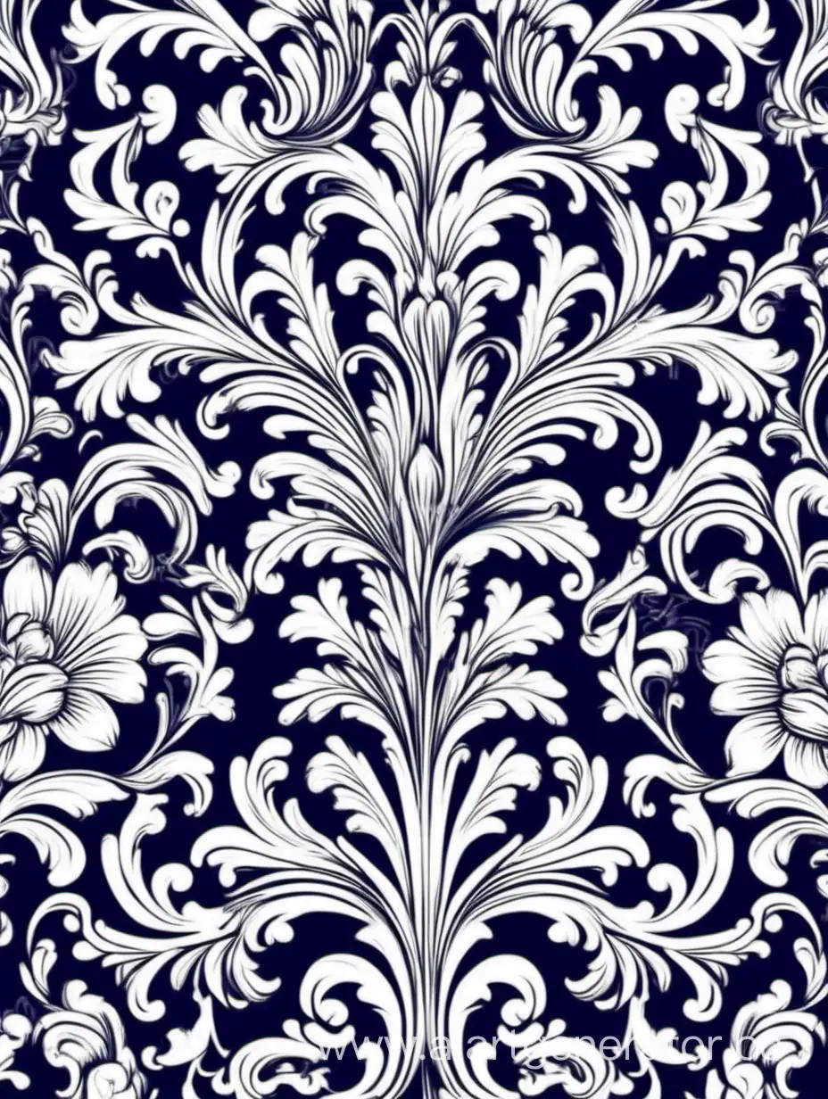 a pattern of floral, Baroque  movement, repeating pattern, white and dark blue vector illustration