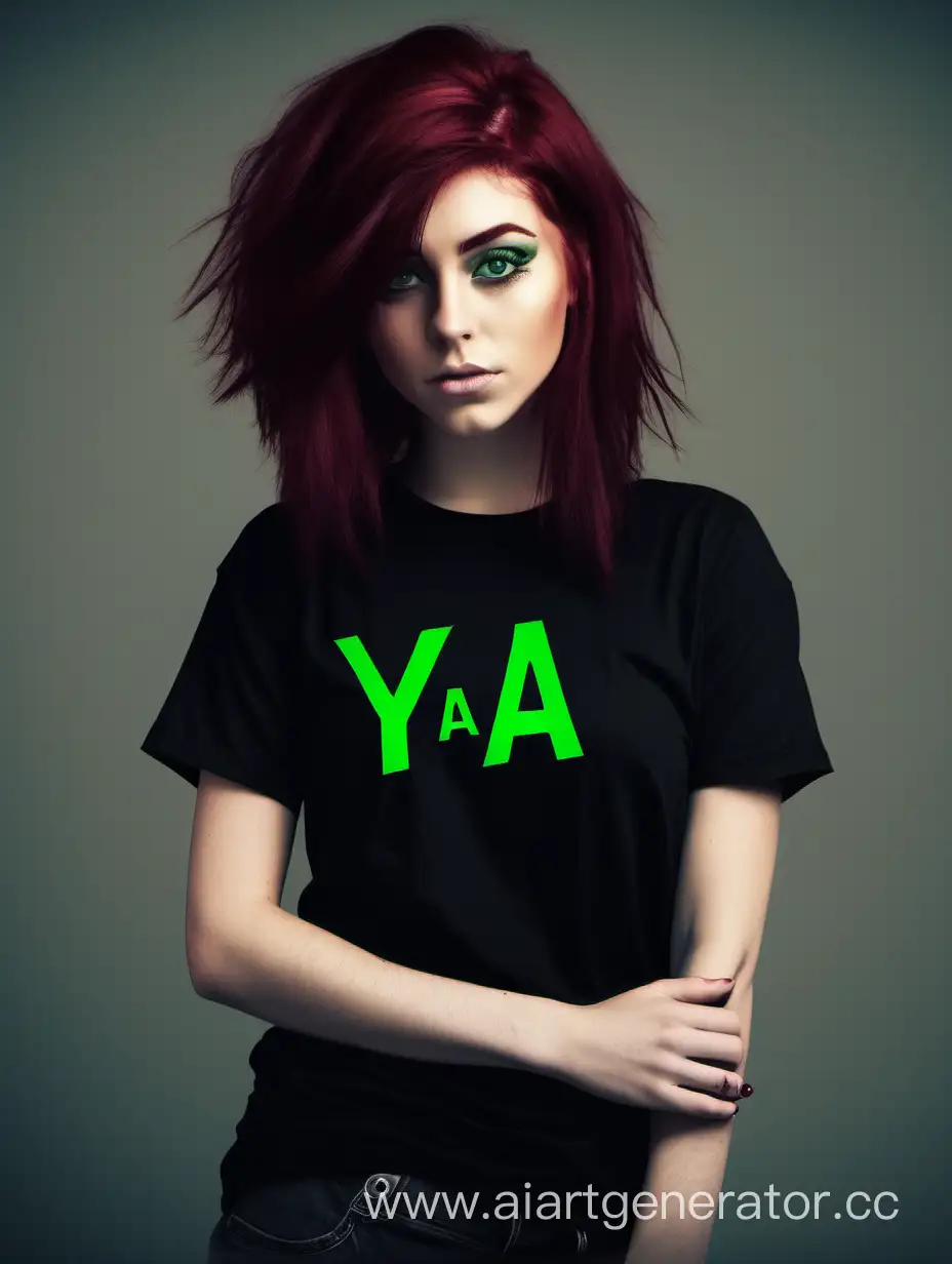A girl with a black T-shirt with green eyes with maroon hair in full growth on the T-shirt it says YA GAY