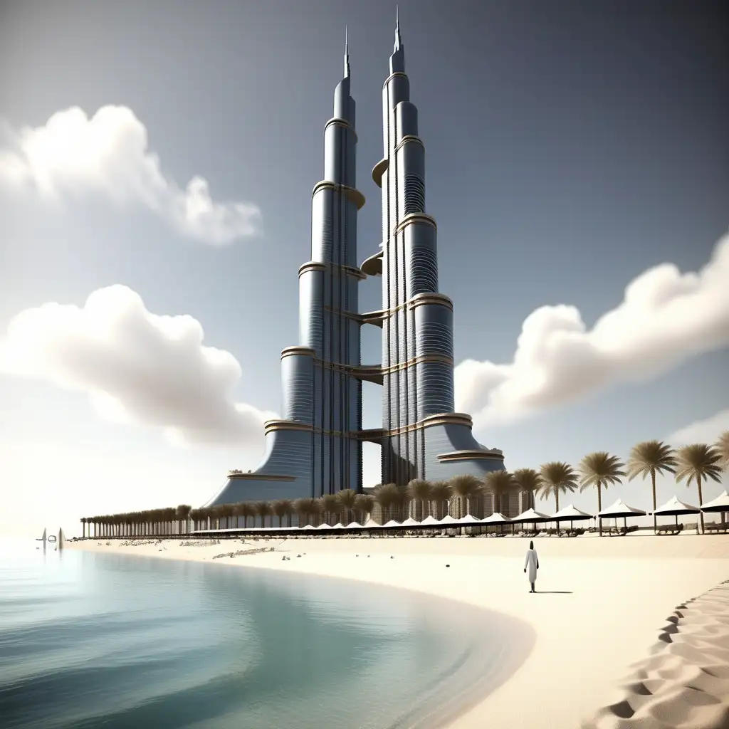 Design building like burg khalifa in dubai but taller.  Place it on Seaforth Beach Antigua and Barbuda