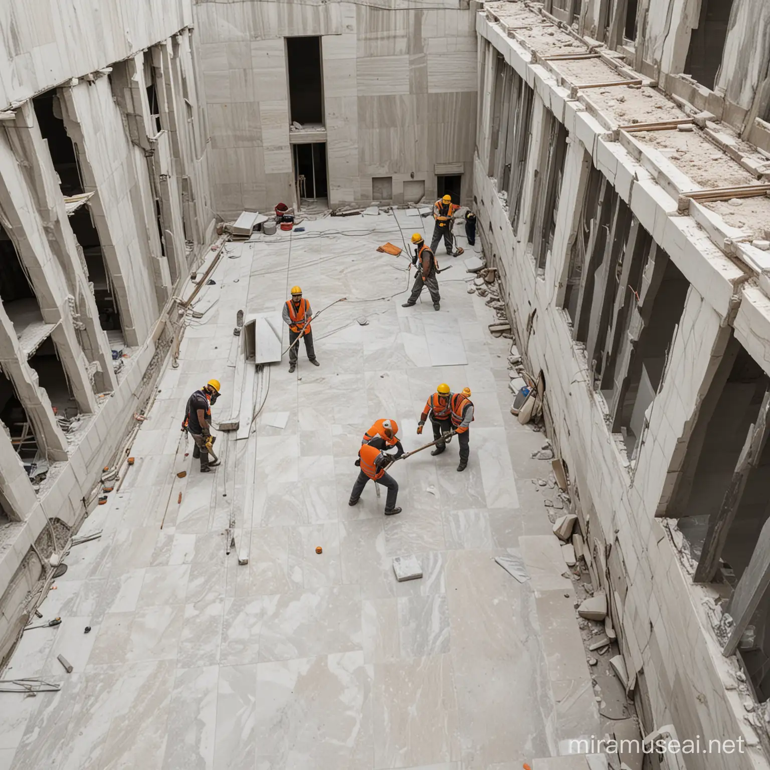 Workers laying marble inside a high-rise