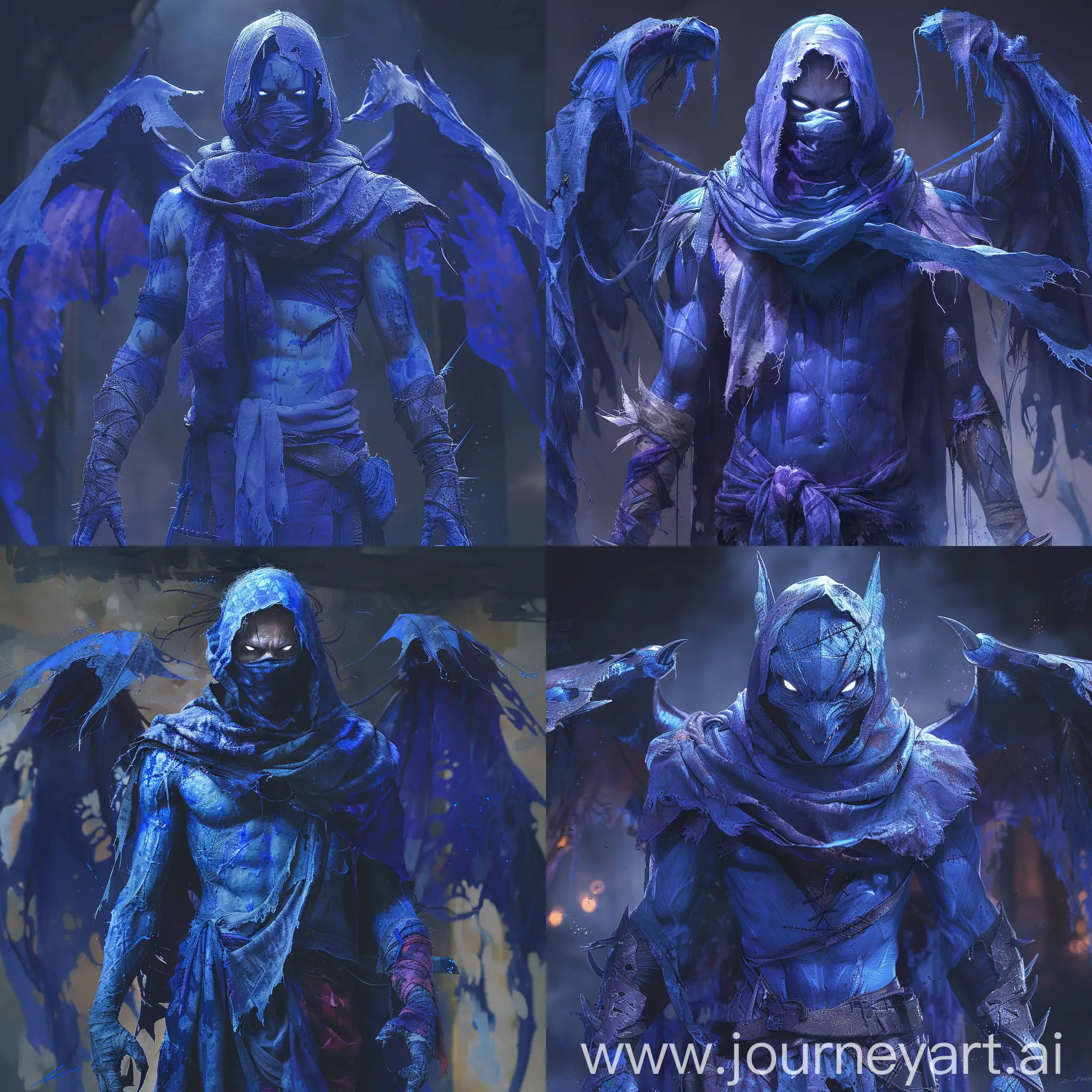 Raziel, Legacy of Kain , full-length blue skinny body, scarf covers mouth, bright white eyes, fangs, claws, ragged patchwork wings, horror style, digital art in blue and purple shades, dark background, smudges, 8k --s 350