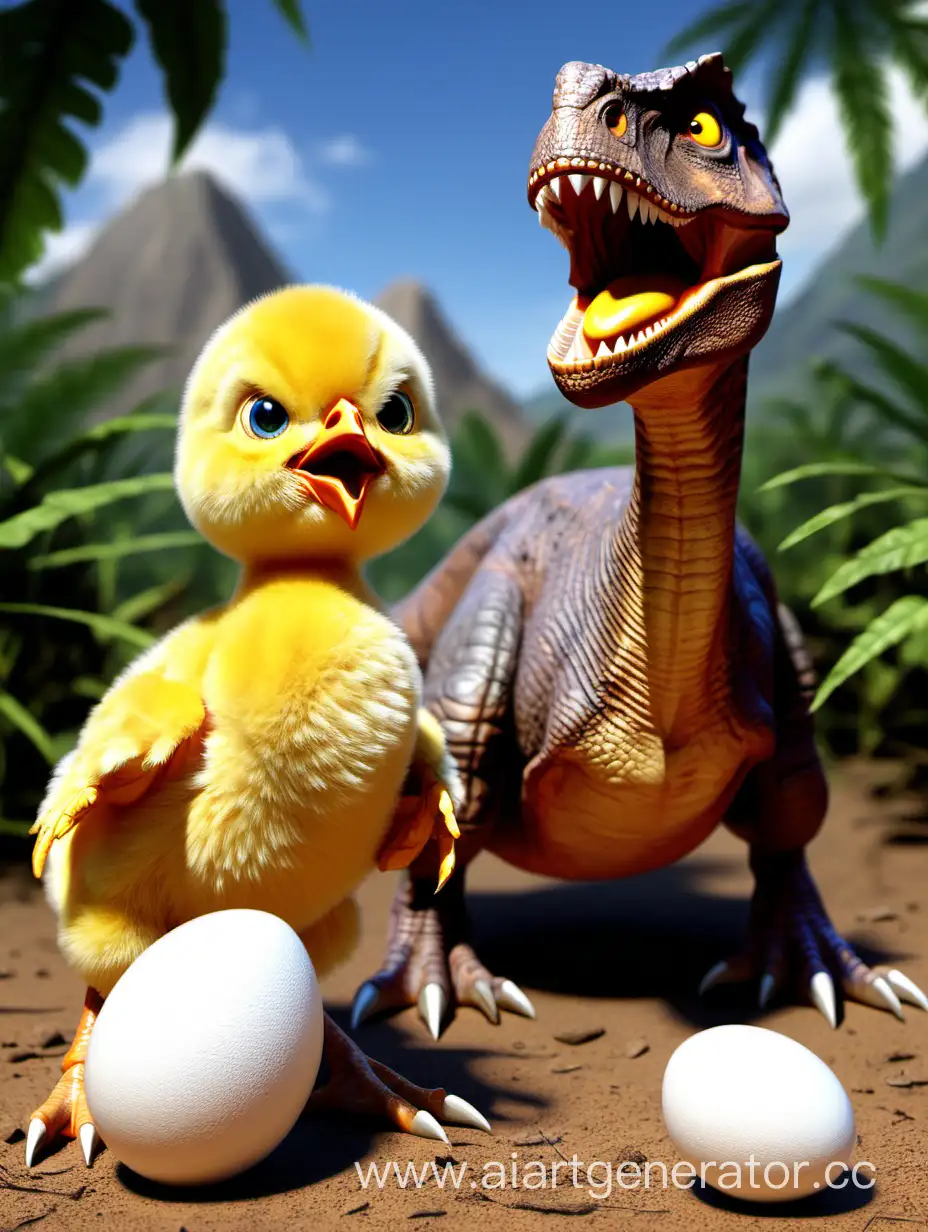 динозавр снес яйцо, из которого вылупился цыпленок