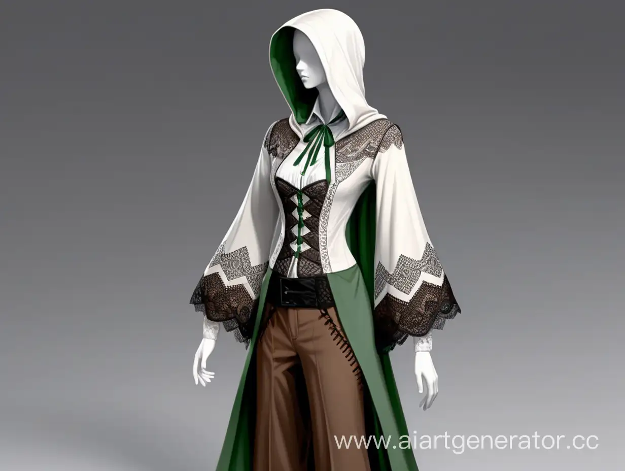Fantasy mannequin. Without a face. White skin color. White button-down shirt with lace sleeves.Wide-legged brown pants with a green zigzag pattern  downwards. Over is a black robe with beige patterns at the ends of the sleeves and hood. The robe is unbuttoned. A black corset is worn at the waist.