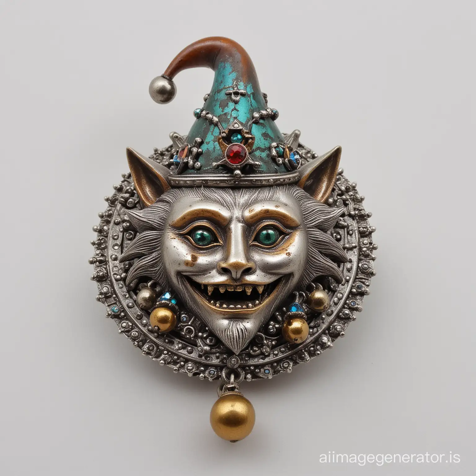 Patinated, Bejewelled, medieval brooch featuring a mad cats face wearing a jesters hat with bells as king in old silver and bronze on a white background 
