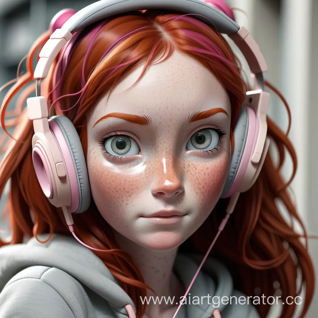red-haired girl, gray eyes, freckles, pink headphones