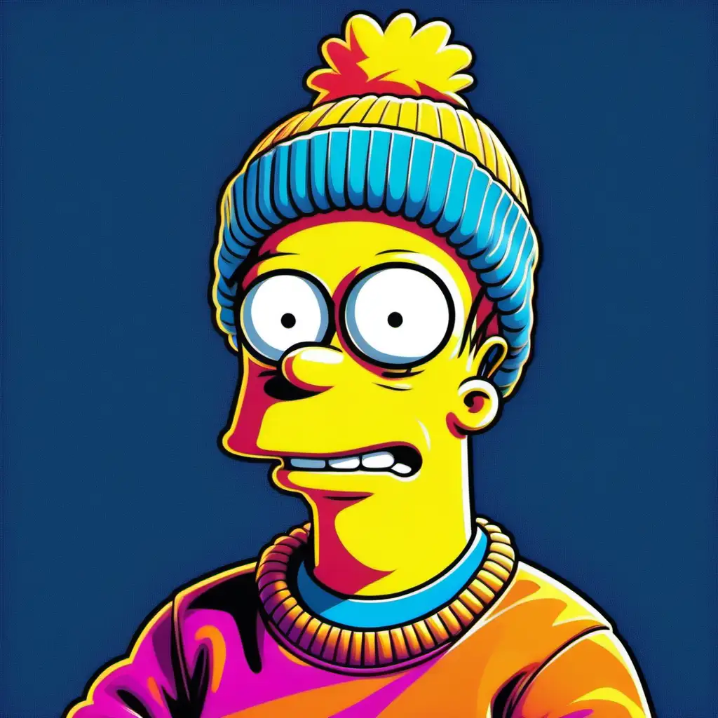 Vibrant Pop Art Depiction of Bart Simpson in HipHop Style Beanie