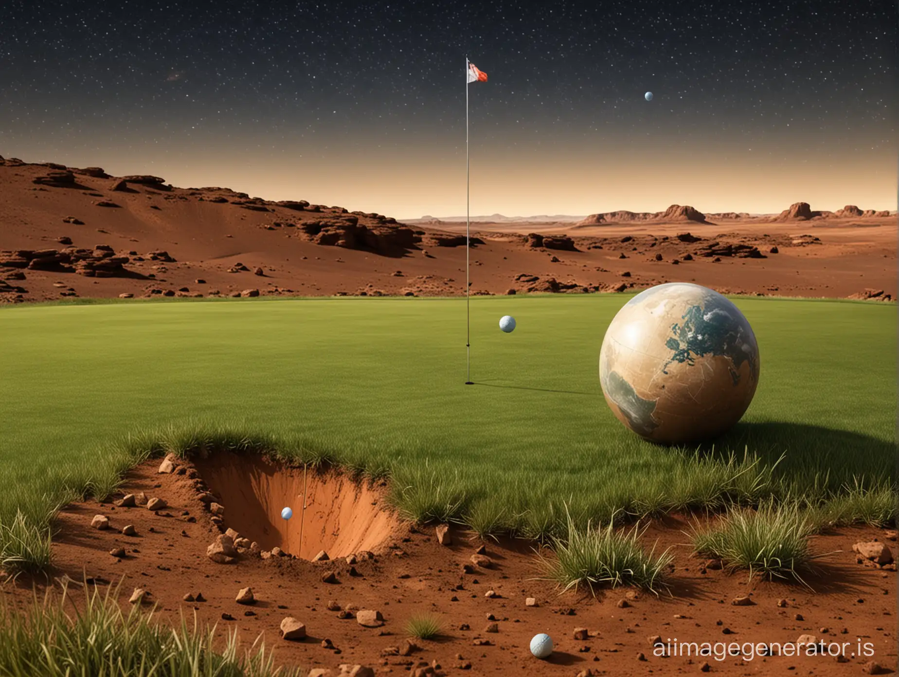 Golfer on a small patch of grass teeing-off on Mars with the stars and a globe earth in the sky in the background