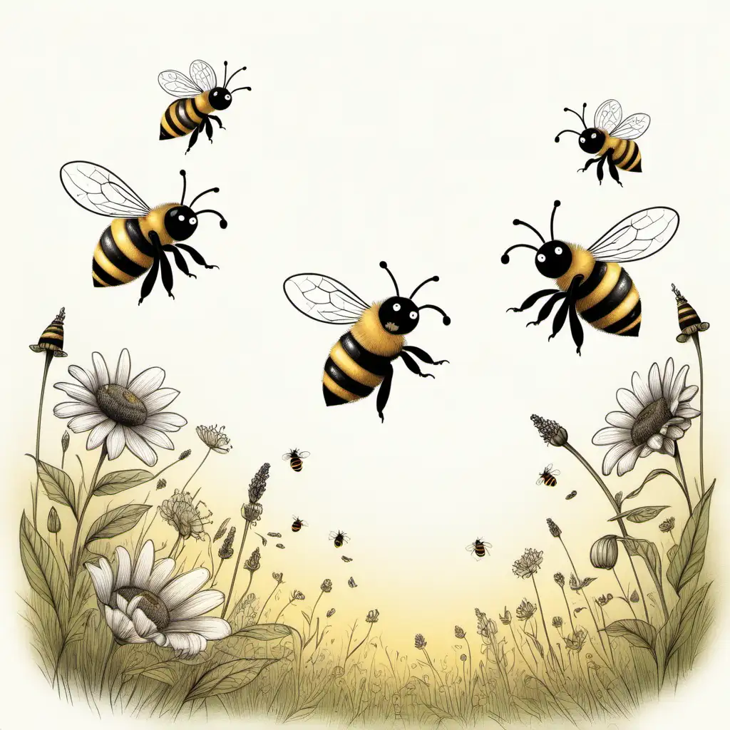 Three Bees Exploring a Blossoming Meadow