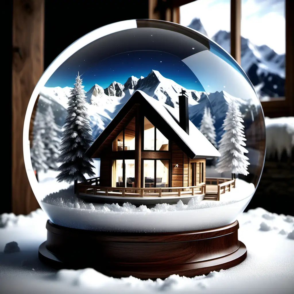 imagine a snow globe with a ski mountain and modern chalet inside; chalet is contemporary; realistic 