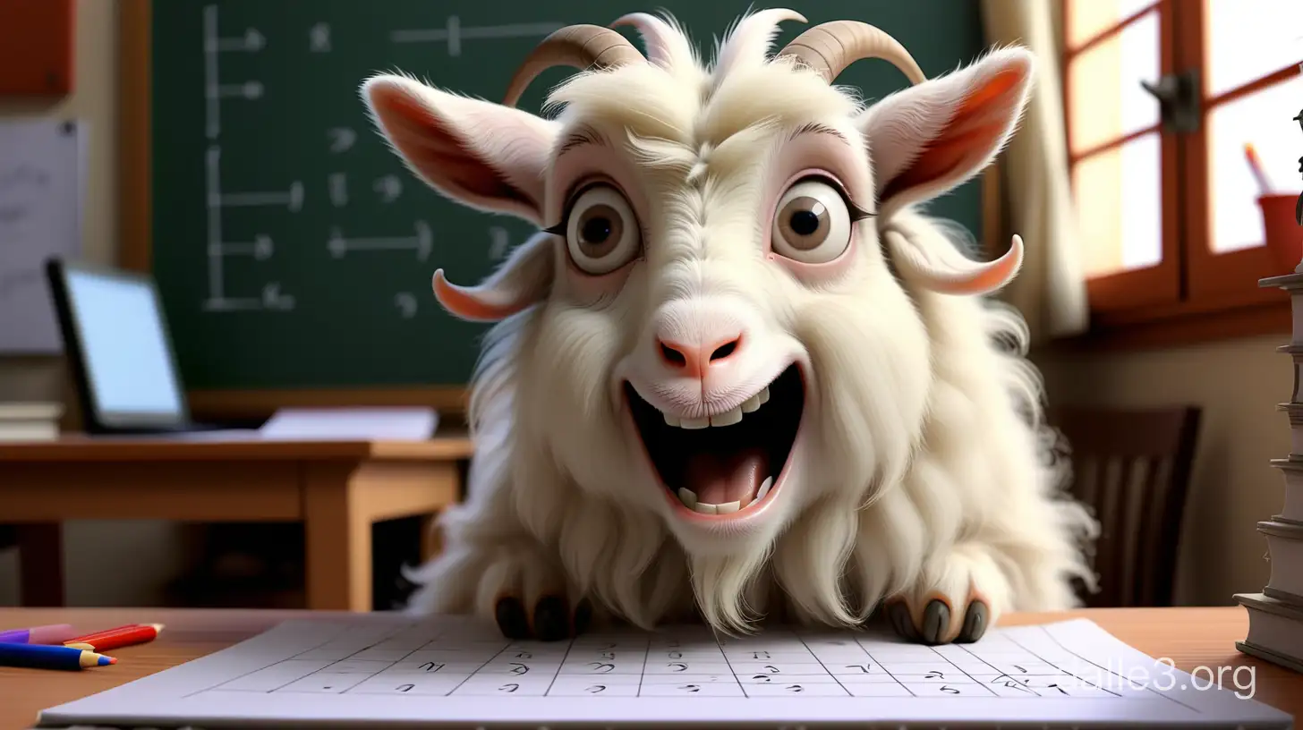A cute and adorable fluffy goat scared of mathematical equations