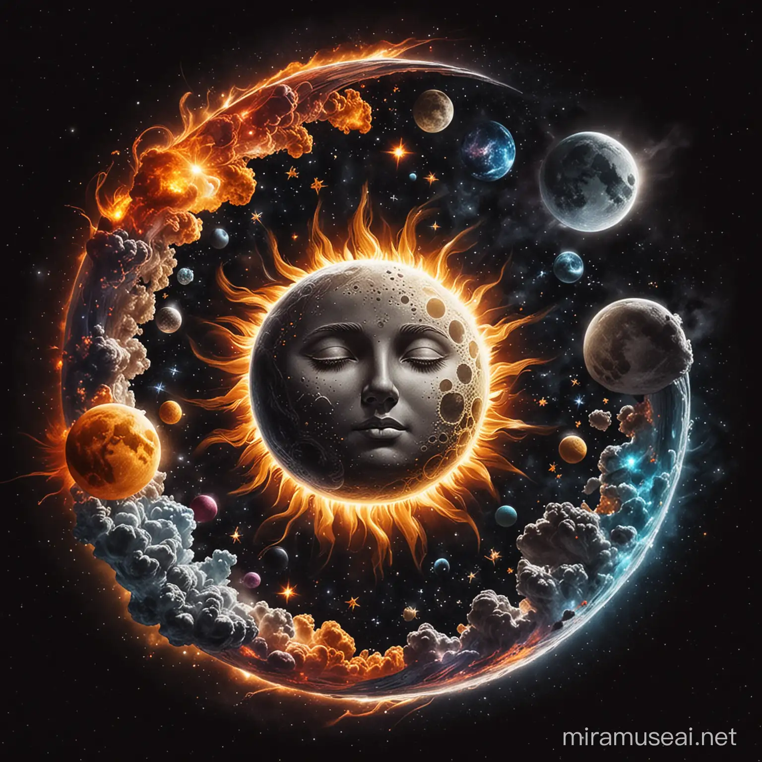 sun and moon in space and a various colos beside