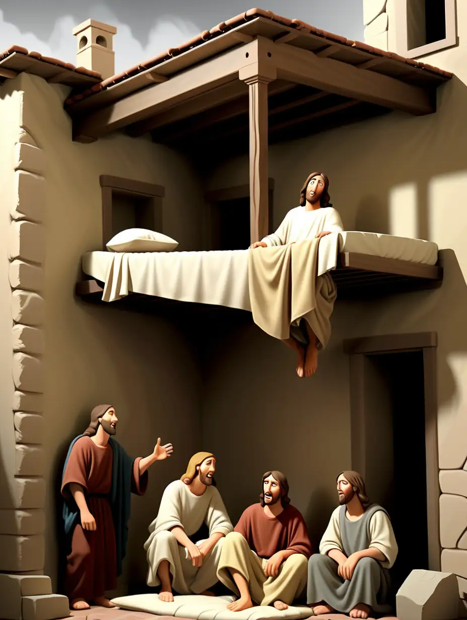 Ancient Friends Lowering Bed Before Jesus in Crowded Scene